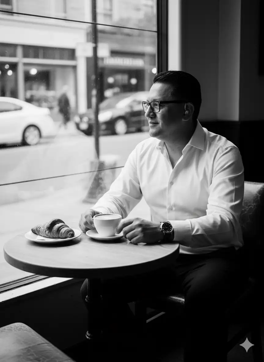 @Júnior Alves:Use a foto enviada como rederencia com total nitidez e fidelidade aos traços faciais. O homem está em uma cafeteira vintage, na mesa um prato com croassant e uma xicara de café, ele esta sentado numa mesa ao lado da janela, ele observa o movimento da rua. Pedestres e carros passam na rua. Ele esta vestido com uma camisa branca com o colarinho aberto, relógio sofisticado, calça preta social. Expressao confiante e tranquila. Ensaio fotográfico editorial em preto e branco, iluminação profissional de alto contraste, sombras e realces dramáticos, atmosfera cinematográfica. Modelo capturado com ângulos de câmera ousados e não convencionais (ângulo baixo, visão de cima, Dutch tilt, closes extremos). Texturas ultra nítidas, poses expressivas, elegância atemporal. Fotografado com Sony Alpha 7R IV, sensor full-frame, lente 85mm f/1.4 GM, abertura máxima para profundidade de campo reduzida. Estúdio com iluminação controlada, forte efeito de claro-escuro, aparência de filme com granulação fina e alto alcance dinâmico. Img-1025.heic