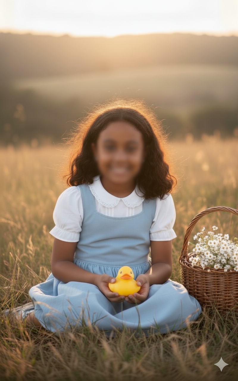 Plano medio a la altura de los ojos de una niña de entre 7 y 10 años, con el pelo negro SUELTO despeinado. Está sentada con las piernas cruzadas sobre la hierba alta y seca, mirando AL FRENTE O A LA CAMARA con una sonrisa amable. Lleva un vestido azul claro tipo pichi sobre una blusa blanca de manga corta con cuello de encaje. En sus manos, sostiene con delicadeza un pequeño patito amarillo. Junto a ella, en el suelo, hay una cesta rústica tejida rebosante de flores blancas. El fondo presenta un paisaje desenfocado, con la hora dorada y colinas onduladas, que sugiere un entorno rural o natural. La iluminación es cálida y difusa, resaltando a la niña y su entorno. Estrictamente prohibido modificar el rostro y los rasgos faciales.