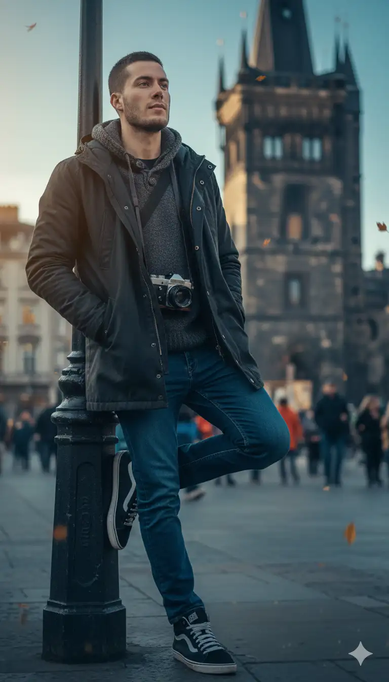 edit this image — transform the photo into a high-end street-photography portrait of a traveler/photographer leaning casually on a lamp post in front of a historic tower. Keep the original pose and composition: standing with left leg bent and foot on the lamp base, right leg relaxed, left hand in jacket pocket, right hand holding a camera down by the thigh, shoulders slightly turned to camera, chin up and gaze off-frame. Preserve the camera, beard and textured jacket but enhance and stylize as follows:

Wardrobe & accessories: keep the dark parka/jacket but enrich fabric texture (subtle waxed canvas look), change inner hoodie to a soft charcoal knit, keep blue jeans but slightly deepened to rich indigo with natural creasing. Emphasize the high-top sneakers — boost contrast on black-and-white panels and add faint scuff details for realism. Add a small messenger bag strap across the chest and a compact leather wrist strap on the camera.
Lighting & color: cinematic cool-tone grade (soft blue shadows) with warm golden rim light hitting the left side of the face and shoulder (suggest late-afternoon sun). Slightly boost contrast and midtones to create punch without losing skin detail. Add subtle film grain and gentle vignette to focus on the subject.
Camera & optics: emulate 35mm–50mm prime look, shallow DOF (f/1.8–2.8) so the tower and crowd become painterly bokeh while the subject remains razor-sharp. Slight perspective correction to emphasize the tower peek behind his shoulder. Enhance catchlight/reflection in the eyes (or sunglasses reflection if present) and sharpen camera details.
Background & atmosphere: keep the busy pedestrian scene but soften and desaturate it so the subject pops; raise clarity and texture on the stone tower so it reads as a strong architectural anchor. Add a few falling autumn leaves and a faint wet-pavement sheen to suggest recent rain (subtle reflections under shoes).
Final touches: natural skin retouching (preserve stubble and pores), boost micro-contrast on jacket and jeans, accentuate lens/glass reflections on the camera. Export as photorealistic, vertical 4K editorial crop with high detail.
Position (short): standing, left foot on lamp base, leaning against lamppost, camera in right hand, left hand in pocket, gaze off-frame.