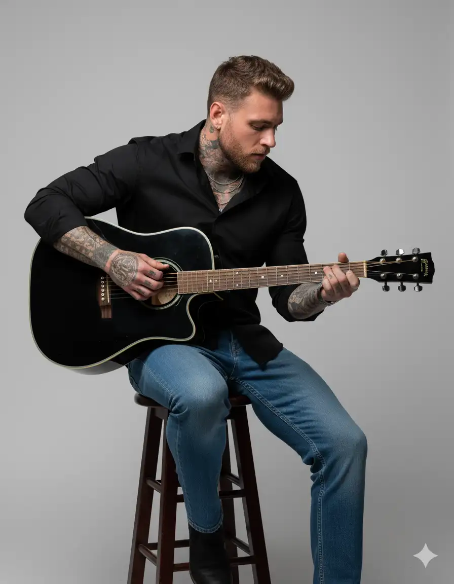 A full-length studio photograph capturing a male figure with a relaxed, musical presence. The subject sits on a tall wooden stool, turned slightly to the right, his gaze focused downward on his hands and guitar, immersed in the music.

He wears a long-sleeved black dress shirt with the top buttons undone, creating a casual neckline. The sleeves are rolled up at the elbows, revealing detailed tattoos on his forearm. Light or mid-blue jeans that fit comfortably complete the look, adding a casual touch. Multiple thin necklaces and a discreet earring can adorn the look.

He holds an acoustic guitar with a glossy black body and light accents on the neck, positioned comfortably for playing. His hands are actively plucking the strings and fretboard, conveying authenticity.

His hair is dark and neat, with a subtle quiff and shorter sides. A well-groomed beard frames his face.

The background is a very light white or gray studio backdrop, uniform and undistracting, allowing the subject and the guitar to stand out clearly. The lighting is soft and even, typical of a professional studio, coming from a frontal-upward angle, creating very soft shadows that shape the body and the instrument, highlighting textures without being harsh.

Camera Settings: Captured with a standard lens (e.g., 50mm) or slightly wide-angle (e.g., 35mm) on a full-frame camera for a natural perspective and a well-balanced full-body portrait. Aperture set between f/4.0 and f/5.6 to ensure sharpness across the subject and guitar. ISO 100-200 for maximum studio image quality. Shutter speed of 1/160s to 1/250s to freeze any subtle hand movements. Studio lighting with one or two large softboxes as key lights, positioned in front of and slightly to the sides of the subject for even, flattering lighting.

Instructions for the "nano banana":

"Please use the user's reference image to capture and apply all of their facial features, facial structure, hair and beard style, eye color, and skin tone as accurately as possible. The goal is to create a version of the user in this music studio portrait. The clothing (black dress shirt with rolled-up sleeves, jeans), arm tattoos, accessories (necklaces, earrings), black acoustic guitar, seated playing pose, focused expression, soft lighting, and uniform white background should be created as described, creating a perfect fusion between the user's identity and the aesthetics of the image."