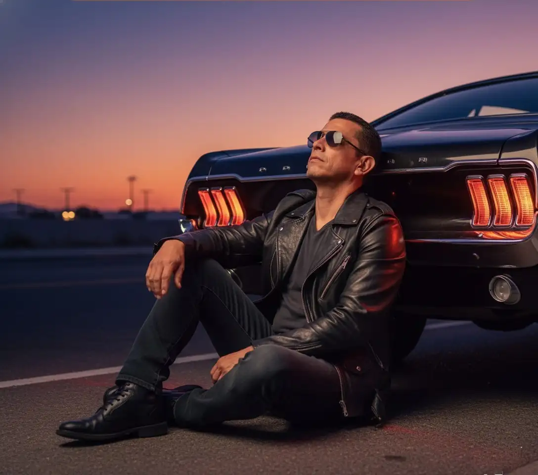 Utiliza la imagen de un hombre. Un hombre está sentado en el suelo, apoyado en la parte trasera de un coche clásico al atardecer, con la cabeza ligeramente inclinada hacia arriba y los ojos cerrados, bañado por la cálida luz naranja de las luces traseras. Lleva una chaqueta de cuero negra, las rodillas flexionadas y los brazos relajados, transmitiendo una tranquila soledad. Fondo: degradado de atardecer (púrpura-naranja-azul oscuro), asfalto desenfocado con sutiles reflejos rojo-naranja. Iluminación: mezcla de luz artificial cálida y luz ambiental fría del crepúsculo, cinematográfica y melancólica. Cámara: ángulo bajo, encuadre medio de cuerpo entero, fondo ligeramente desenfocado. -ar 3:2 -v 6 - estilo raw -q 2 -luz ascendente -hd -iluminación cinematográfica ultrarrealista del atardecer -reflejo preciso de la luz de contorno -textura detallada de piel y cabello -fondo desenfocado -sin texto

-sin marca de agua -sin personas adicionales.