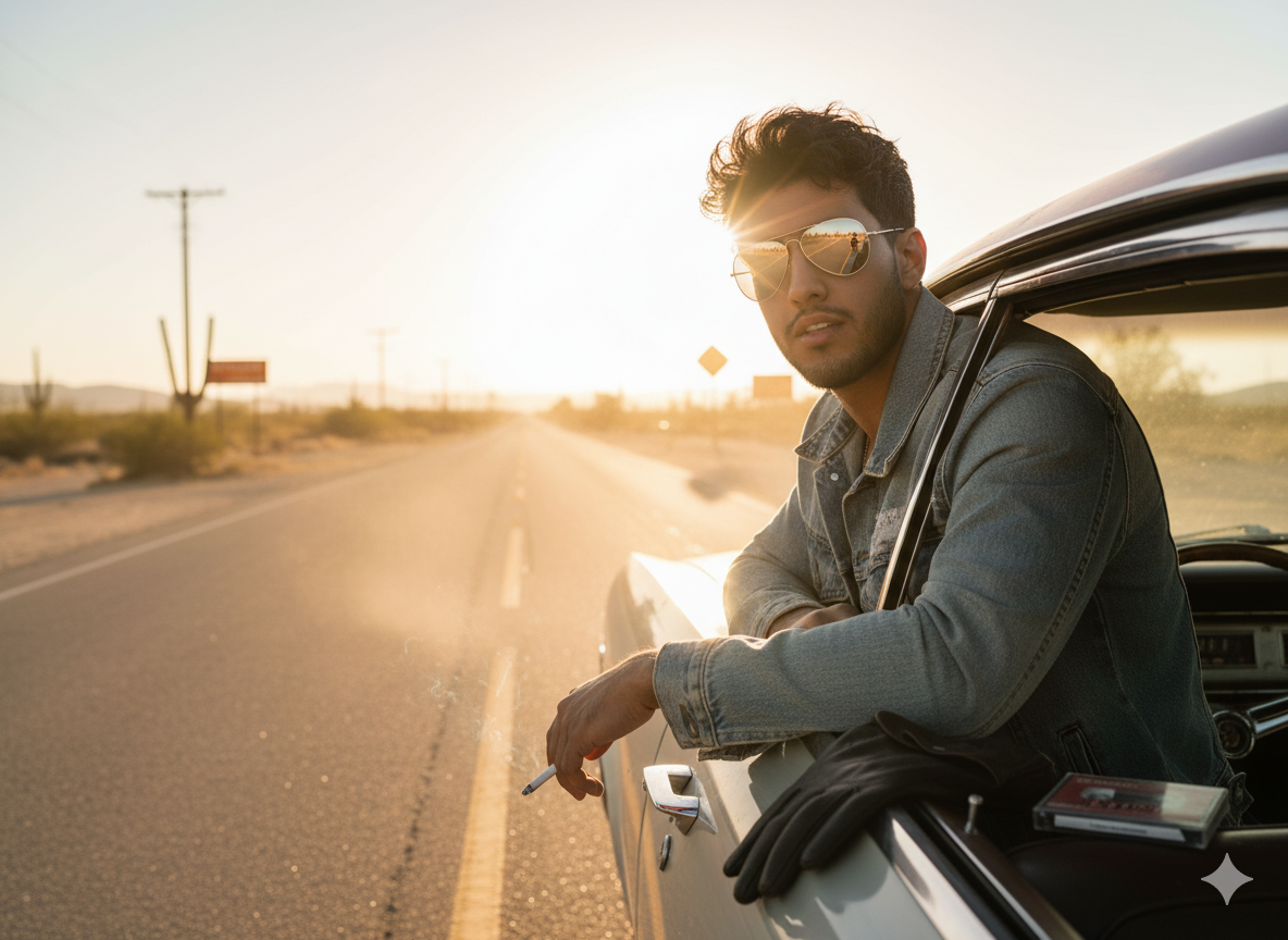 The man leans his forearm against the open car window, elbow bent with effortless poise. He wears mirrored aviator shades that catch the late afternoon sun, casting brilliant flares off the chrome doorframe and side mirror. The soft rumble of the idling engine hums beneath him. His expression is calm, unfazed, with a cigarette resting loosely between his fingers — untouched, burning slowly. A hot desert wind tousles the edge of his sun-bleached jacket, and dust swirls lightly across the asphalt.
In the background, the two-lane desert highway stretches endlessly forward, rippling with heat mirages, flanked by cacti and faded road signs. The golden hour sun washes everything in warm amber tones, wrapping the scene in nostalgic brilliance. Long shadows fall across the worn dashboard, where a classic rock cassette case lies beside a pair of leather gloves.
Style: Retro Americana realism, 50mm lens, sun-bleached colors, ultra-sharp chrome reflections, shallow depth of field, textured skin and fabric details
Mood: Cool independence, rebellious serenity, timeless freedom