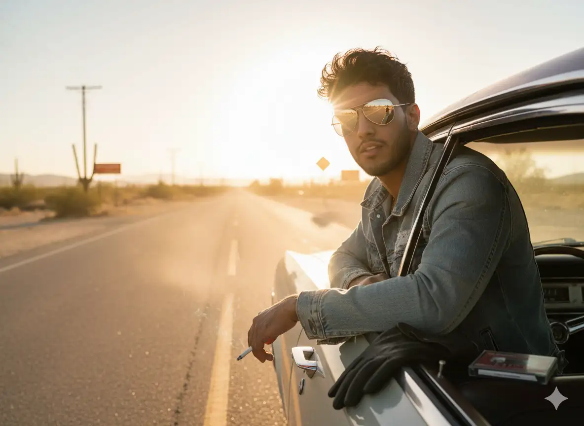 The man leans his forearm against the open car window, elbow bent with effortless poise. He wears mirrored aviator shades that catch the late afternoon sun, casting brilliant flares off the chrome doorframe and side mirror. The soft rumble of the idling engine hums beneath him. His expression is calm, unfazed, with a cigarette resting loosely between his fingers — untouched, burning slowly. A hot desert wind tousles the edge of his sun-bleached jacket, and dust swirls lightly across the asphalt.
In the background, the two-lane desert highway stretches endlessly forward, rippling with heat mirages, flanked by cacti and faded road signs. The golden hour sun washes everything in warm amber tones, wrapping the scene in nostalgic brilliance. Long shadows fall across the worn dashboard, where a classic rock cassette case lies beside a pair of leather gloves.
Style: Retro Americana realism, 50mm lens, sun-bleached colors, ultra-sharp chrome reflections, shallow depth of field, textured skin and fabric details
Mood: Cool independence, rebellious serenity, timeless freedom