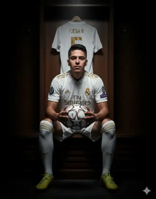Una foto hiperrealista al estilo de estudio de un jugador de fútbol que se ve exactamente como el subido en esta foto sentado confiadamente en un vestuario. Lleva una camiseta en casa del Real Madrid (blanca con Fly Sakib Khan Sponsor y el logo de Adidas), junto con pantalones cortos blancos, calcetines blancos de fútbol hasta la rodilla y botas amarillas de fútbol. El jugador se sienta en el banco del vestuario, sosteniendo firmemente una pelota de la Liga de Campeones de la UEFA con ambas manos entre las rodillas, mirando directamente a la cámara con una expresión seria y compuesta. Detrás de él, dentro del casillero de madera, una segunda camiseta del Real Madrid con el nombre de "Cesar" y el número 5 está colgada, claramente visible y perfectamente centrada en el marco, iluminada por iluminación superior centrada que resalta el texto y el número de la camiseta. 36 mirando directamente a la cámara con una expresión seria y compuesta. Especificaciones de fotografía y cámara: Iluminación: Un solo foco suave con contraste dramático, creando una atmósfera de vestuario cinematográfico con bordes oscuros de viñeta. Ángulo de la cámara: nivel del ojo, centrado directamente en la composición. Lente: lente de 50 mm para una perspectiva de retrato equilibrada. PARA LOS BALLEROS Apertura: f/2.8 para foco agudo del sujeto y ligera separación de fondo. Velocidad de obturador: 1/160 segundo para congelar Detalles del tema. ISO: 200 para una imagen limpia y sin ruido. Tono de color: Negros profundos y rojos ricos con sutiles momentos para enfatizar la identidad del Real Madrid. Estado de ánimo: retrato deportivo fuerte, profesional e inspirador.