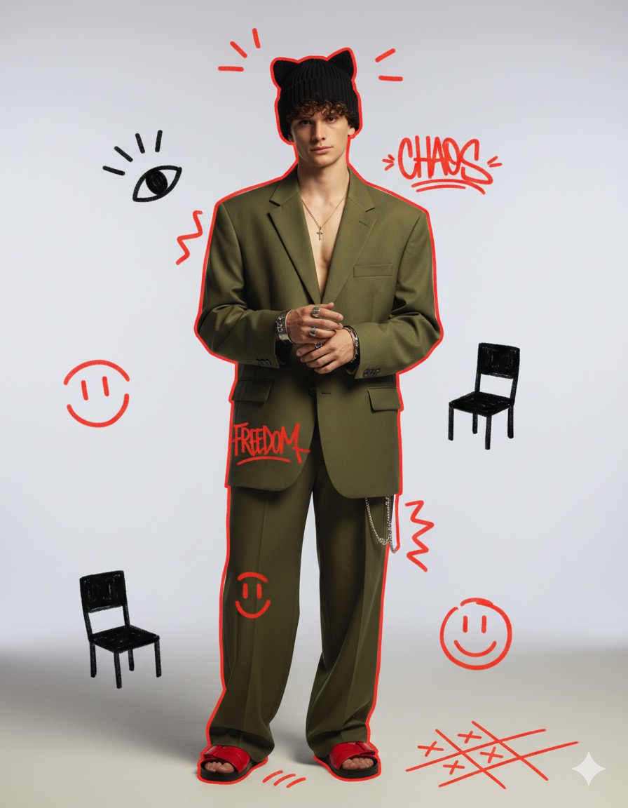 Insert the photo I uploaded into the prompt below,
a full-body portrait of a stylish young man wearing an oversized olive-green suit and wide trousers, paired with red sandals and futuristic accessories, standing confidently in a minimalist studio with a soft gradient white-to-gray background. surreal graffiti-style doodles and sketches are drawn over the scene — bold black abstract shapes resembling eyes and chairs, red zigzag outlines framing his figure, scribbled smiley faces and tic-tac-toe drawings on the floor, expressive red hand-drawn graffiti text. the man's face is partially obscured by a dark knitted cat-ear beanie, exuding a mysterious and playful vibe. his pose is relaxed, hands lightly clasped, with a calm and confident expression. cinematic lighting with soft shadows and a subtle warm tone, fashion editorial composition, ultra-detailed textures on clothing fabric, realistic skin tones, graffiti elements seamlessly blended with photo realism, avant-garde streetwear aesthetic, high fashion visual style, surreal realism photography, 8k ultra detailed. Don’t change facial features