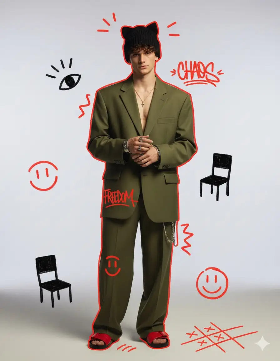 Insert the photo I uploaded into the prompt below,
a full-body portrait of a stylish young man wearing an oversized olive-green suit and wide trousers, paired with red sandals and futuristic accessories, standing confidently in a minimalist studio with a soft gradient white-to-gray background. surreal graffiti-style doodles and sketches are drawn over the scene — bold black abstract shapes resembling eyes and chairs, red zigzag outlines framing his figure, scribbled smiley faces and tic-tac-toe drawings on the floor, expressive red hand-drawn graffiti text. the man's face is partially obscured by a dark knitted cat-ear beanie, exuding a mysterious and playful vibe. his pose is relaxed, hands lightly clasped, with a calm and confident expression. cinematic lighting with soft shadows and a subtle warm tone, fashion editorial composition, ultra-detailed textures on clothing fabric, realistic skin tones, graffiti elements seamlessly blended with photo realism, avant-garde streetwear aesthetic, high fashion visual style, surreal realism photography, 8k ultra detailed. Don’t change facial features