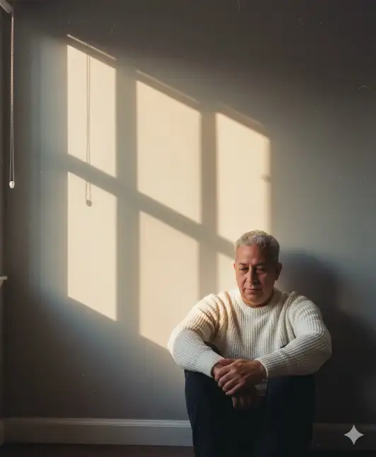 Retrato ambiental interior melancólico (de rodilla a cabeza, tres cuartos) del sujeto [persona en la imagen] que lleva un suéter blanco y pantalones oscuros; tomado verticalmente a 2:3 en una cámara digital sin espejo de fotograma completo con un objetivo fijo de 35 mm desde un ángulo ligeramente alto (inclinación hacia abajo de ~10-15°); ajustes f/2.0, ISO 800, 1/500 s, balance de blancos Sombra ~7000 K con tinte magenta +5; emulación Kodak Portra 400 más un filtro de calentamiento 81A. Composición: sujeto sentado en el suelo en el tercio inferior derecho, con la espalda contra una pared gris neutra, las piernas dobladas con las rodillas recogidas, la cabeza ligeramente inclinada, las manos cerca del regazo; el fondo es solo una pared lisa, con una cortina apenas visible como una fina franja sobreexpuesta en el extremo superior izquierdo; gran espacio negativo arriba y a la izquierda; Regla de los tercios con una viñeta sutil. Iluminación: luz natural de la hora dorada del atardecer, procedente de tres ventanas independientes, que produce tres columnas rectangulares altas y distintivas de luz cálida sobre la pared, ligeramente descentradas y de intensidad desigual; claroscuro de alto contraste con bordes nítidos y un suave halo, que fluye de izquierda a derecha. Enfoque: plano sobre el rostro y la frente del sujeto, con poca profundidad para que la pared se suavice suavemente. Textura: grano pronunciado, similar a una película, con motas de polvo visibles y arañazos tenues. Paleta de colores: reflejos cálidos en tonos miel/ámbar y blancos cremosos sobre una pared gris carbón neutra con rayas negras de jersey. Posproducción: tonos cálidos divididos (reflejos +15 naranja, sombras +5 sepia) con un suave desvanecimiento en las sombras más profundas. Ambiente: introspectivo, crudo, minimalista, cálido.
Restricciones: solo se ven la pared y el sujeto; la iluminación debe interpretarse como tres reflejos discretos en una ventana rectangular; la cortina apenas se ve; las piernas permanecen dobladas. Sin desorden ni muebles; sin colores brillantes y saturados; sin HOR; sin enfoque extremo; sin bolas bokeh.
