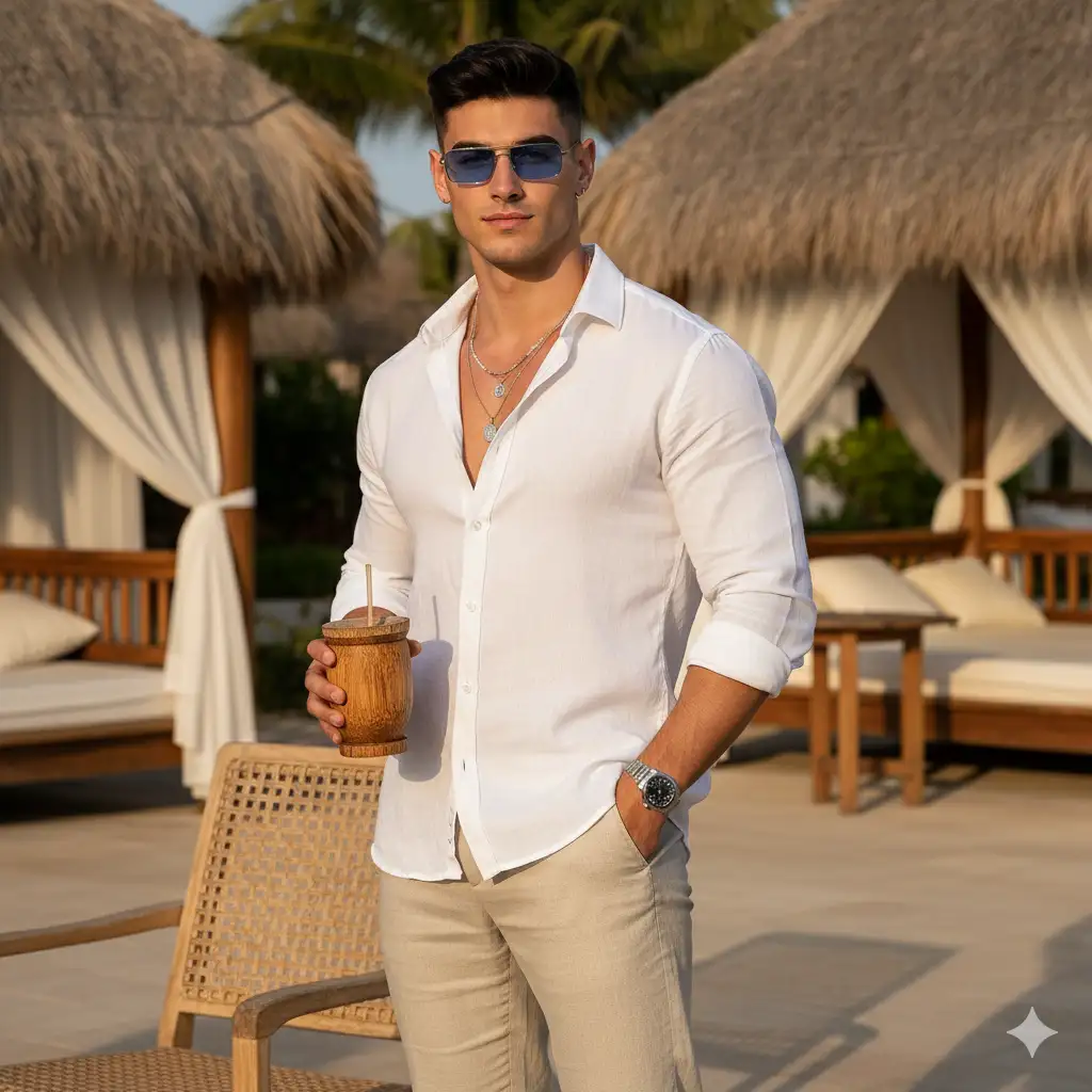4K ultra realistic DSLR photograph of a stylish young man standing confidently in an outdoor luxury resort setting. He is wearing a sleek white linen shirt with the top buttons open, paired with beige trousers and clean white sneakers. A silver wristwatch and layered pendant necklace add elegance, while blue tinted sunglasses enhance his sharp, charismatic look. He holds a textured wooden cup with a straw in one hand, the other hand casually in his pocket. The background features tropical thatched-roof cabanas with flowing white curtains, natural wooden furniture, and a rattan chair in the foreground. Soft golden hour sunlight highlights his skin tone and outfit with crisp detailing, realistic shadows, and cinematic depth of field, giving a polished fashion editorial vibe. keep my face exactly the same as the uploaded photo.
Do not change or edit my face.