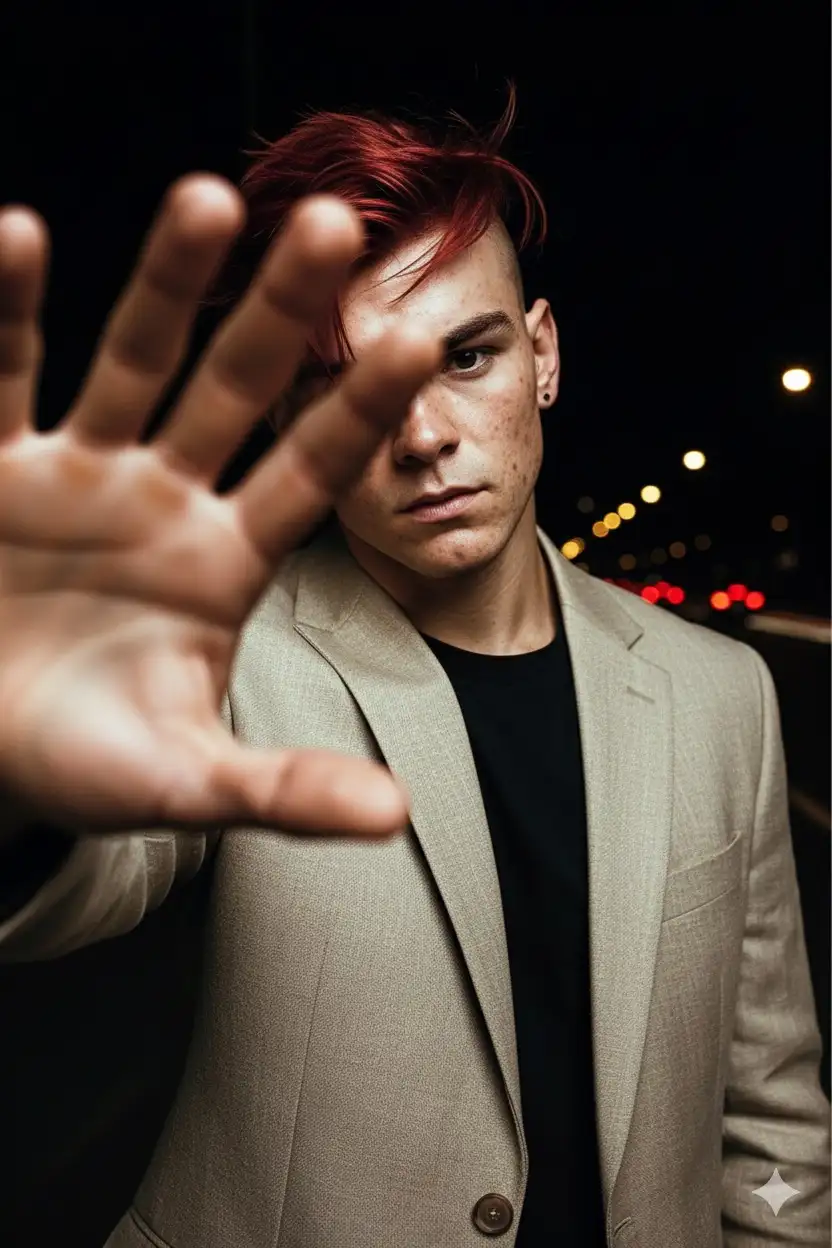 Hyper-realistic fashion editorial photo of a man (keep the same facial features and hairstyle as in the reference). Nighttime scene with a dramatic close-up. He is wearing a casual beige suit, with slightly tousled hair falling onto his face and shoulders. The man extends his hand toward the camera, partially blocking the lens and creating a dynamic blurred foreground. Background is dark with glowing city lights and cinematic bokeh. Shot with flash for high-contrast aesthetic, slightly overexposed highlights, glamorous yet spontaneous vibe. Luxurious evening style, editorial mood, expressive but effortless pose, striking perspective. --ar 3:4 --raw