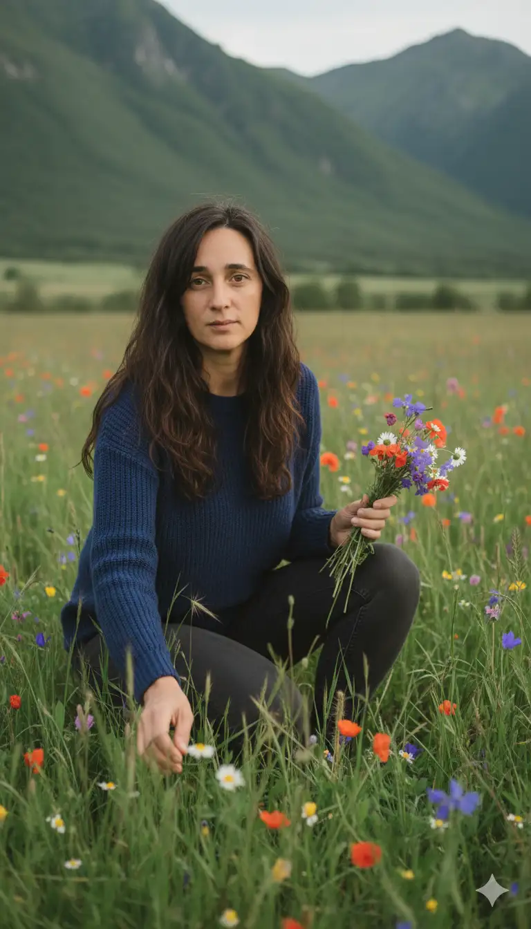 Genera una foto cinematográfica ultra-realista usando el rostro de la persona subida, combinada perfectamente con el cuerpo delgado. La persona está arrodillada en un exuberante prado verde rodeada de hierba alta y flores silvestres, usando un suéter azul francis y pantalones oscuros. Sostiene un pequeño ramo de flores de colores en una mano mientras se inclina hacia adelante para recoger más flores con la otra mano.
El fondo muestra altas montañas verdes bajo suave luz del día con tonos cinematográficos neutrales en su lugar. Haz su cabello con un poco más de volumen, no cambies su cara ,manten sus expresiones y rasgos faciales