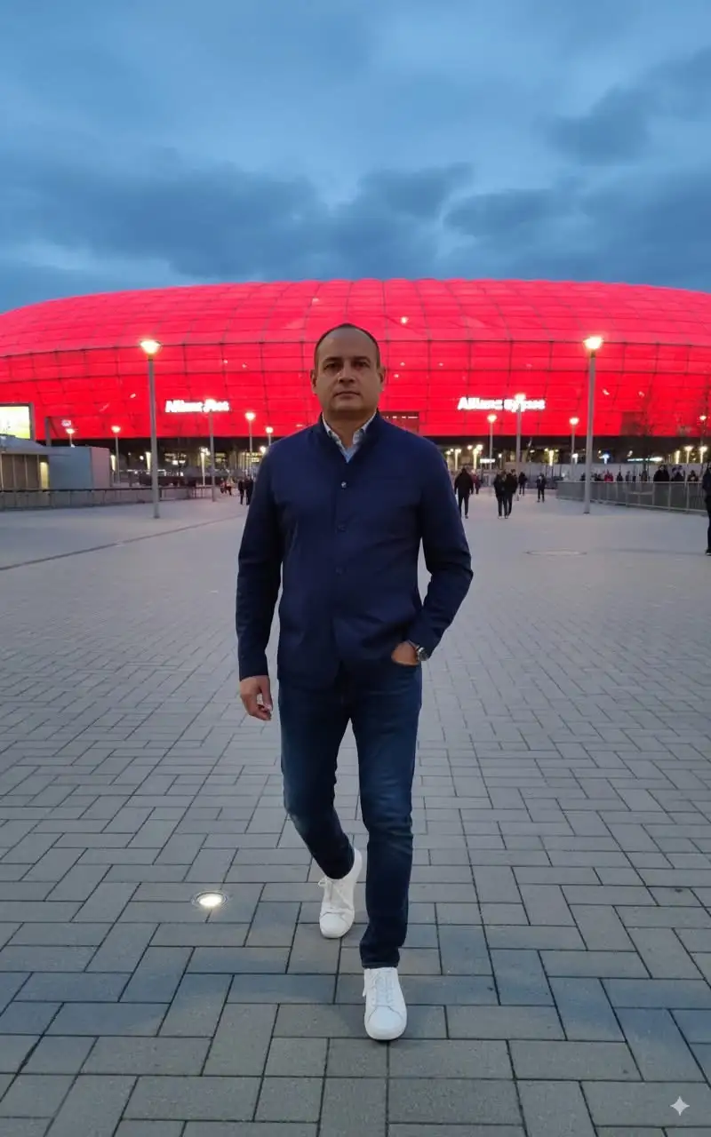 Modifique un poco el prompt y le di mas detalles para hacerlo mas preciso



Genera 4 imágenes diferentes con la imagen adjunta de mi. Cada imagen usa el mismo tema de la referencia. Pero en cada imagen está usando un atuendo de calle diferente (dependiendo de la ubicación o el clima) y una pose diferente. Cada imagen también está situada en un punto de vista diferente y tiene un ángulo en varios puntos de vista. Mantén los rasgos físicos. Contextura delgada.



📸 Imagen 1: Allianz Arena, Múnich, Alemania

•	Atuendo: Chaqueta deportiva ligera, jeans oscuros, zapatillas blancas.

•	Clima: Fresco, de tarde-noche con luces rojas del estadio iluminado.

•	Pose: Caminando hacia la cámara con una mano en el bolsillo.

•	Ángulo: Plano medio desde abajo, con el Allianz Arena iluminado de fondo.

🏛️ Imagen 2: Coliseo de Roma, Italia

•	Atuendo: Camisa de lino clara, pantalón beige, mocasines cómodos.

•	Clima: Soleado, cielo azul mediterráneo.

•	Pose: De pie mirando hacia un costado, con el Coliseo detrás.

•	Ángulo: Plano americano lateral, capturando la curva del Coliseo.

🌆 Imagen 3: Burj Khalifa, Dubái, EAU

•	Atuendo: Camisa negra ajustada, pantalón gris claro, gafas de sol modernas.

•	Clima: Desértico, cielo despejado, luz intensa.

•	Pose: Brazos cruzados, mirando hacia arriba.

•	Ángulo: Contrapicado (desde abajo), con el Burj Khalifa elevándose detrás.

🗽 Imagen 4: Séptima Avenida, Nueva York, EE.UU.

•	Atuendo: Chaqueta bomber, camiseta blanca, jeans rasgados, sneakers.

•	Clima: Urbano, luces de neón y tráfico nocturno.

•	Pose: Caminando entre la multitud, mirando hacia un costado con naturalidad.

•	Ángulo: Plano callejero dinámico, con taxis amarillos y rascacielos de fondo.