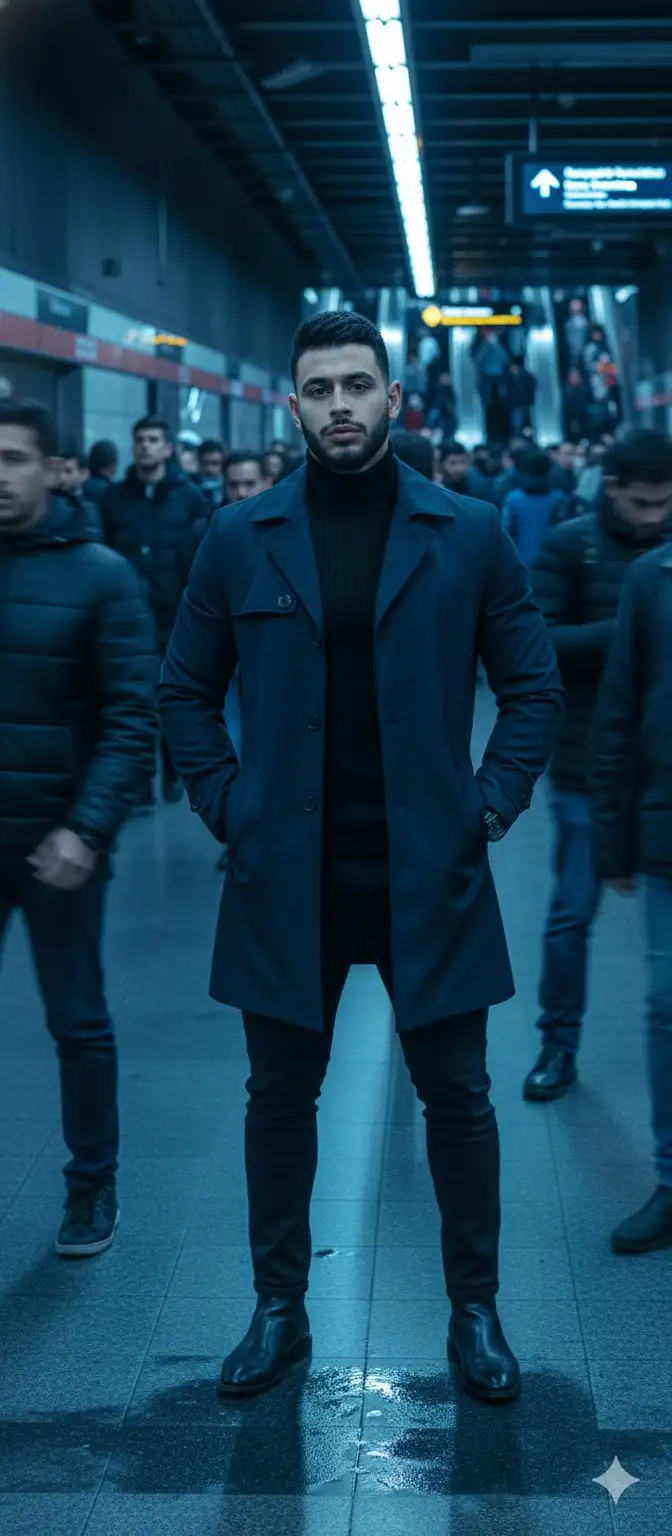 A STYLISH MAN STANDING STILL IN THE MIDDLE OF A CROWDED METRO STATION, SURROUNDED BY MOTION-BLURRED PEOPLE RUSHING BY, DEEP BLUE TONES, OVERCAST LIGHTING, CINEMATIC MOOD, FULL-BODY SHOT, SHARP FOCUS ON SUBJECT, BACKGROUND IN MOTION, EMOTIONAL STILLNESS IN CHAOS
--AR 4:5
-- STYLIZE 550
-- PROFILE 02DV5N1. Don't change facial features