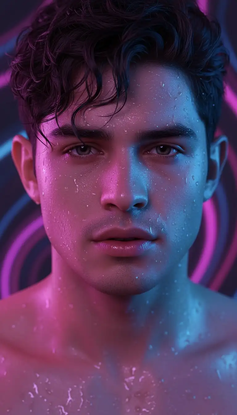 Crea un retrato de primer plano cinematográfico hiperrealista de la misma persona, conservando su estructura facial y rasgos exactos, Dale estilo como arte digital futurista con resolución 8k * ultra detallada. La piel debe tener un alto brillo, casi vidrioso, hiper mejorado, gotas de agua finas y humedas que atrapan y reflejan la luz, dando un efecto luminoso y humedo. Presente una iluminación dramática de iluminación neón: magenta suave por un lado, azul eléctrico por el otro y subtonos violetas sutiles, creando degradados ricos y reflejos nítidos en los contornos del rostro. Los ojos deben parecer intensamente enfocados, con nítidos y realistas, agregando profundidad y emoción. Los labios deben estar ligeramente separados y brillantes, Pero suavemente discretos. Incluya algunos mechones de cabello tenues que caigan naturalmente sobre la frente o la mejilla para realzar el realismo y la textura. Utilice un alto contraste y una profundidad de campo poco profunda, con un fondo malhumorado y suavemente borroso que apoye al sujeto Pero no distraiga. El aspecto final debe sentirse emocionalmente cinematográfico, elegante y futuro. Relación 4: 5.
