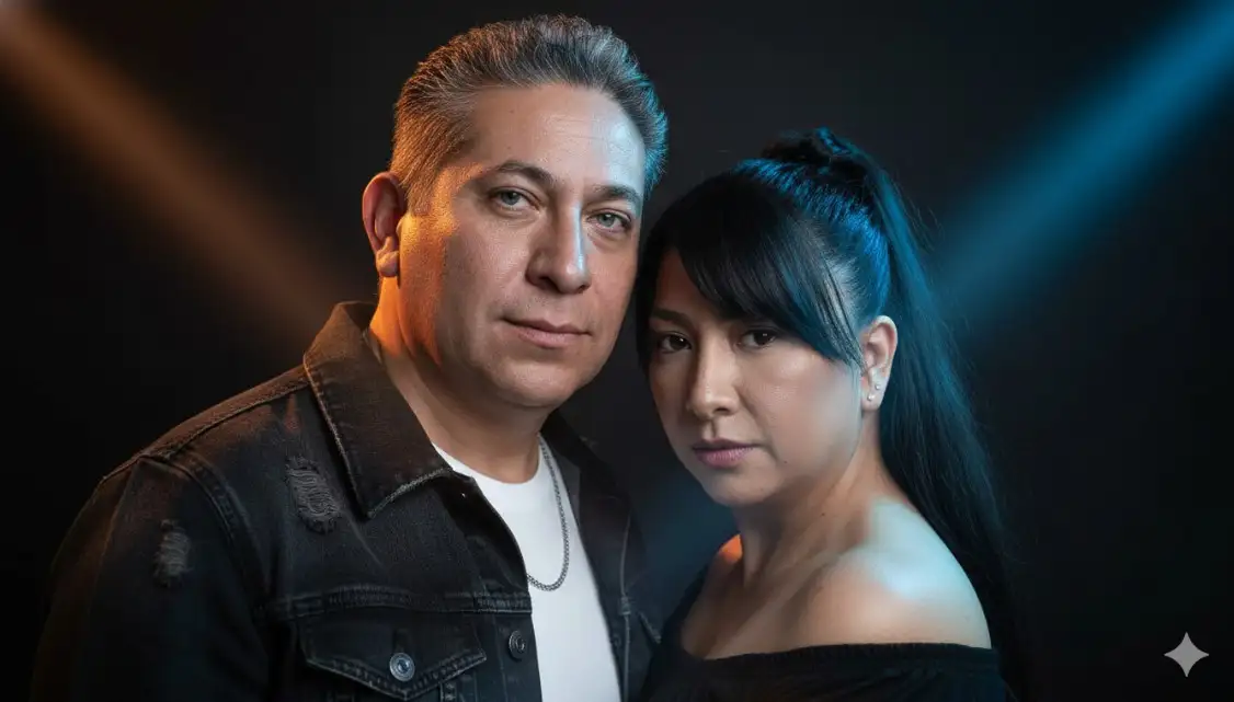 Crea un retrato hiperrealista en primer plano de un hombre y una mujer, elegantes y seguros de sí mismo, inspirado en mi imagen de referencia. El entorno es melancólico y editorial, con intensos rayos de luz ámbar y azul hielo que iluminan sus rostros, realzando su mandíbula definida y su mirada atrevida y fija. Lleva una chaqueta de mezclilla, ligeramente abierta en el cuello para mostrar un sencillo collar de cadena, con una camiseta blanca debajo. No modifique los detalles faciales.