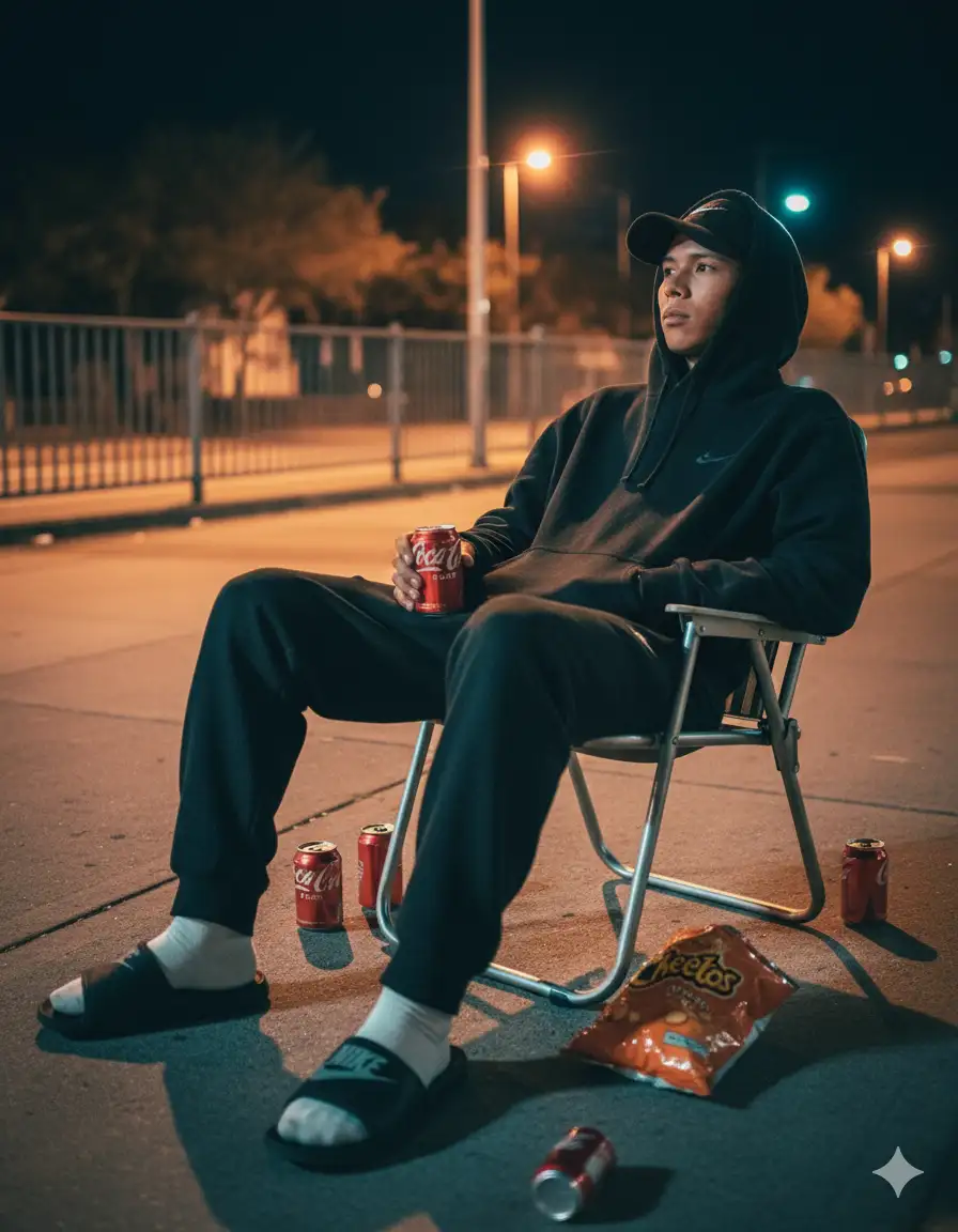 Use the uploaded photo of the face and hair as a 100% accurate reference for the subject’s facial structure — including beard, hair, eyes, mouth, chin shape, mustache, and nose — and all accessories (such as the black cap).
Ultra-realistic cinematic portrait of a young man sitting and leaning backward on a foldable camping chair on a city sidewalk at night, illuminated softly by warm streetlights.
He wears an oversized black “NIKE” hoodie with the hood up, a black baseball cap underneath, and loose black sweatpants with elastic cuffs slightly crumpled at the edges.
He also wears large black “NIKE” slide sandals over white socks. His left hand is tucked into the hoodie pocket, and his right hand holds a can of coffee. He’s looking to the side, gazing thoughtfully into the distance.
Several Coke Zero cans and an open bag of Cheetos are scattered beside him.
Background: quiet urban street with metal railings, streetlights emitting a warm orange glow, a fence, and trees behind it. The sky is dark, enhancing the nighttime calm atmosphere.
Camera & lighting details:
– Camera: full-frame DSLR (e.g., Canon EOS R5 or Sony A7R IV)
– Lens: 50mm f/1.4 prime lens
– Camera angle: low eye-level, slightly tilted up toward the subject (3/4 side angle)
– Aperture: f/1.4 for shallow depth of field and soft background bokeh
– ISO: 800 for realistic nighttime exposure
– Shutter: 1/80 sec
– Lighting: natural streetlight illumination only (no flash), warm orange tone mixed with soft ambient cool reflections from the pavement
– White balance: slightly warm
– Shadows: realistic, cast by streetlights behind and above
– Texture: ultra-detailed fabric, realistic skin tone and hair texture
– Render: 8K resolution, RAW-style detail, photorealistic color grading, film-like grain, perfect skin realism
– Style: cinematic realism, urban night mood, natural lens flare, accurate reflections on metallic surfaces and pavement
– Maintain 100% facial accuracy to the reference image — identical face shape, beard, hair, eyes, nose, mouth, chin, and accessories