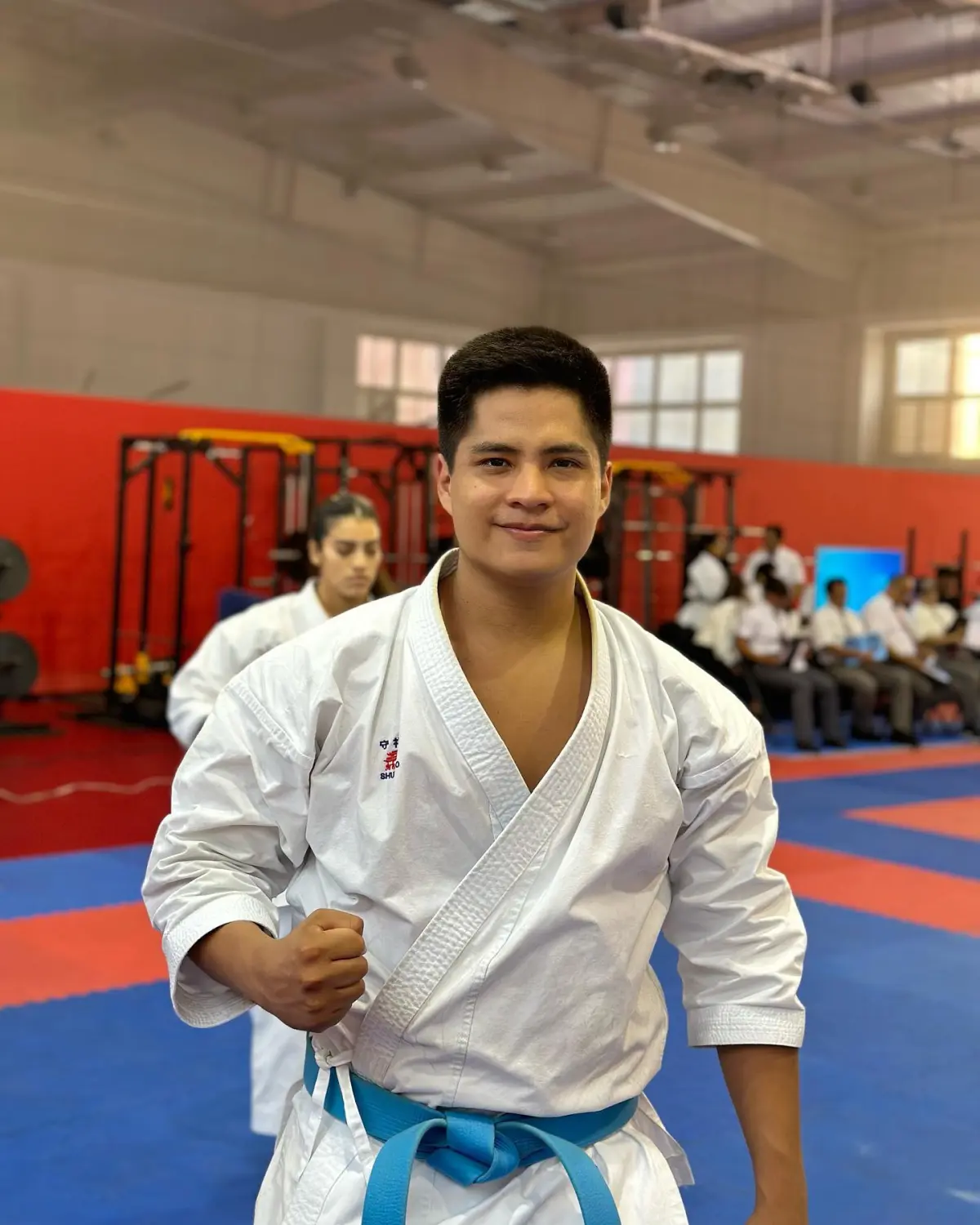 Young male in a taekwondo fighting stance, seen from behind. The body is clearly visible in a strong martial arts pose, legs firmly positioned, arms ready for defense. The audience in the background is slightly blurred and not fully detailed, just enough to suggest a crowd watching. Dynamic lighting, sports hall atmosphere, realistic proportions, sharp focus on the athlete’s back and pose
