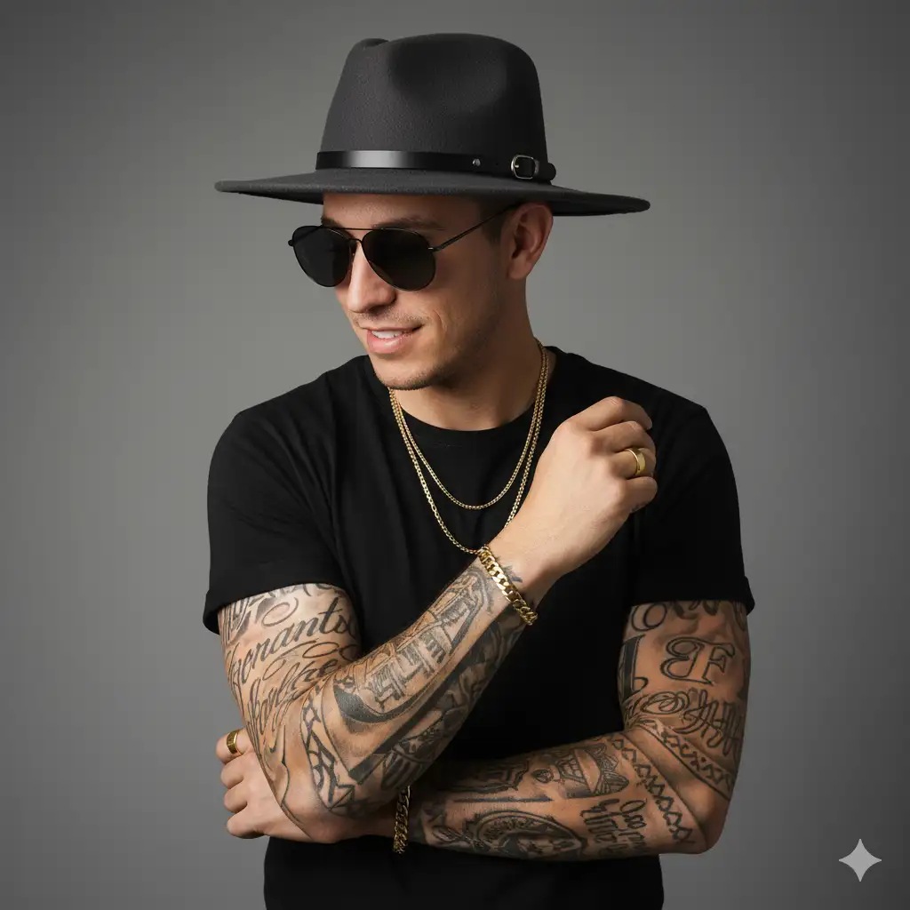 Base Image Concept: A stylish male, late 20s to early 30s, looking down with a subtle, confident smile. He is wearing a dark, wide-brimmed fedora hat, black aviator sunglasses, a plain black crew-neck t-shirt, and multiple gold chain necklaces and bracelets. His forearms are visibly tattooed with intricate, artistic designs. The lighting is soft, studio-style, with a gentle overhead key light and subtle fill, creating soft shadows and highlighting facial features and jewelry. The background is a clean, neutral medium grey, gradient-free.
Subject's Specifics:
Face Transfer: Integrate the face from the provided user image [aquí indicarías cómo se proporciona la nueva cara, por ejemplo: "using the attached reference image of [nombre de la persona/descripción del rostro]"]. Ensure the expression is subtly confident and slightly amused, matching the downward gaze and slight smile from the reference pose.
Hair: Short, dark, styled neatly under the hat, not visible.
Skin Tone: Natural, healthy, warm tone.
Body Language: Arms crossed loosely over the chest, right hand slightly raised and resting on the left forearm, subtly showcasing the bracelet and finger ring.
Attire:
Hat: Dark charcoal or black fedora, wide brim, slightly tilted, with a simple dark leather band and a small silver buckle.
Sunglasses: Black aviator style, slightly reflective lenses, with a modern, sleek frame.
Shirt: Plain black crew-neck t-shirt, well-fitted but not tight, with sleeves rolled up slightly to expose forearms.
Jewelry:
Necklaces: Two distinct gold chain necklaces, one slightly longer than the other, both thin to medium thickness.
Bracelets: One prominent, thick gold cuban link bracelet on the right wrist. A second, thinner, more delicate gold chain bracelet also on the right wrist.
Ring: A simple gold band ring on the ring finger of the right hand.
Tattoos: Extensive, detailed, black ink tattoos covering both forearms and extending slightly onto the biceps. Designs should be illustrative, possibly incorporating elements like script, hearts, or abstract patterns, similar in style to the reference image.
Lighting: Softbox lighting from slightly above and in front, minimizing harsh shadows. A subtle catchlight in the sunglasses.
Background: Solid, smooth, medium grey (RGB: 128, 128, 128 or similar).
Composition: Headshot/upper body shot, centered, with ample negative space around the subject.
Stylistic Directives:
Photography Style: High-quality studio portrait, clean, professional, and slightly editorial.
Resolution: High definition, sharp focus on the subject.
Color Palette: Dominated by blacks, greys, and warm gold accents, with natural skin tones.
Mood: Confident, stylish, cool, approachable.