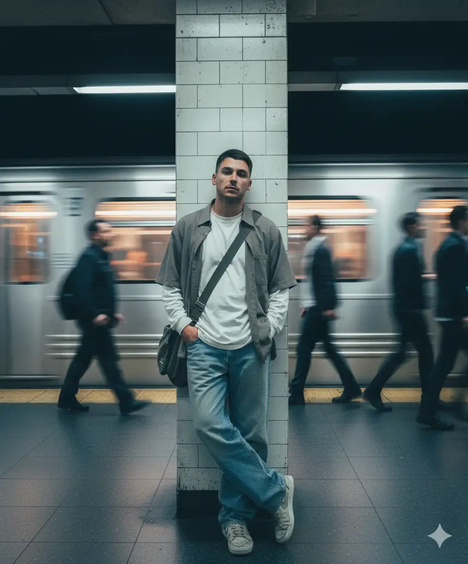 A portrait of me leaning casually against a subway wall, early 2000s club fashion with a layered shirt and loose denim. A train rushes by in blur, creating glowing light streaks. People pass in motion blur around me. The photo feels hazy, cinematic, with a nostalgic Y2K digital camera softness. My face is sharp, the rest dreamlike and blurred.
