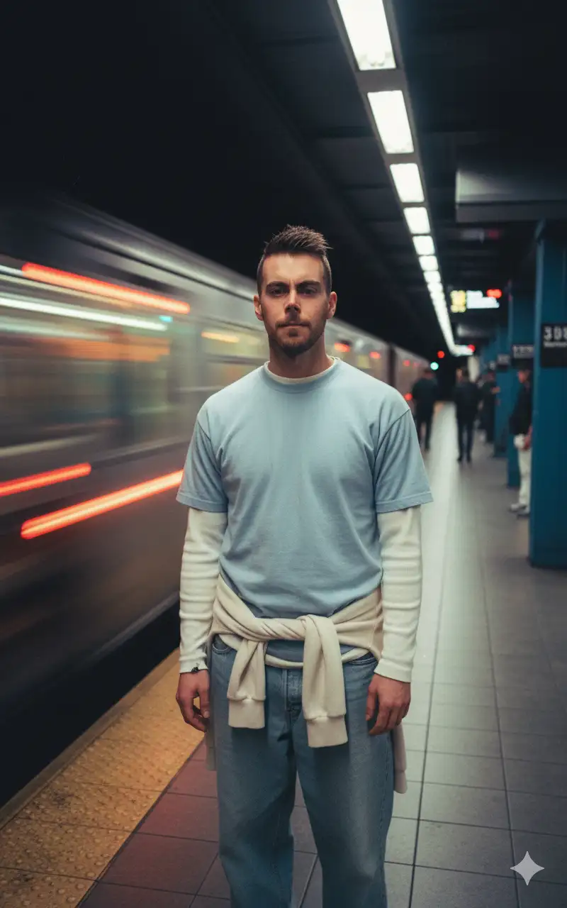 A portrait of me in a subway station at night, early 2000s soft club vibe. I’m wearing Y2K-style clothing (loose jeans, layered tops, soft colors). A train passes by with glowing light streaks and motion blur, while people around me fade into hazy movement. The image has cinematic grain, neon reflections on tiled walls, and a nostalgic digital-camera softness. My face remains sharp and clear, everything else is blurred and dreamlike.