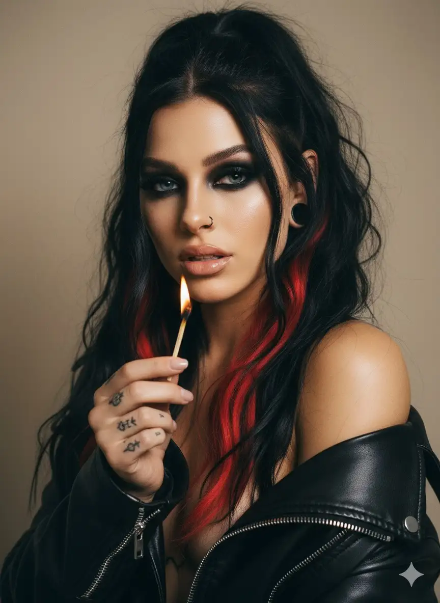 Shot on 35 mm film, a black hair woman with loose strands with red pieces underneath framing her face wears black gauges and a black leather jacket slipping off her shoulders. Her eyes are framed by smoky-black shadow and long, voluminous lashes, and her glossy lips part slightly as she holds a single lit match between her tattooed fingers. The warm flame casts deep shadows and soft highlights across her skin. A shallow depth of field blurs the beige background, and subtle film grain adds an edgy, glamorous, rebellious sensual mood. Preserve tattoos, nose piercing, and distinctive facial structure.