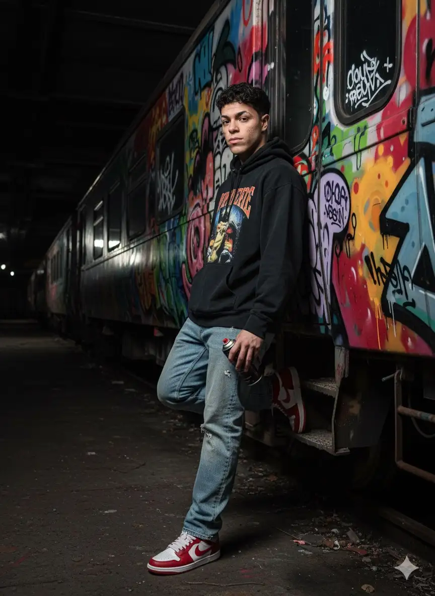 Hyperrealistic urban portrait of a character leaning naturally against a train car covered in detailed, colorful graffiti with dripping paint and neon reflections. The subject is looking directly at the camera, holding a spray paint aerosol can in one hand. Using the reference image as a STRICT source, preserve the EXACT likeness, facial structure, body proportions, and natural hair of the person.
The subject wears authentic 2000s-inspired streetwear: an oversized hoodie, light-wash regular-fit jeans, and classic sneakers. The setting is a nocturnal tunnel or abandoned station, with dramatic lighting that creates sharp reflections on the metal train surface.
The atmosphere conveys rebellion and street art culture, shot with a cinematic aesthetic. Photorealistic quality, Canon EOS 5D Mark IV, 35mm lens, high contrast cinematic lighting.
urban photography, streetwear, graffiti, cinematic lighting, neon reflections, hyperrealistic, 2000s aesthetic, rebellious, street art culture, direct gaze, spray paint can --v 6.0 --style raw --ar 2:3