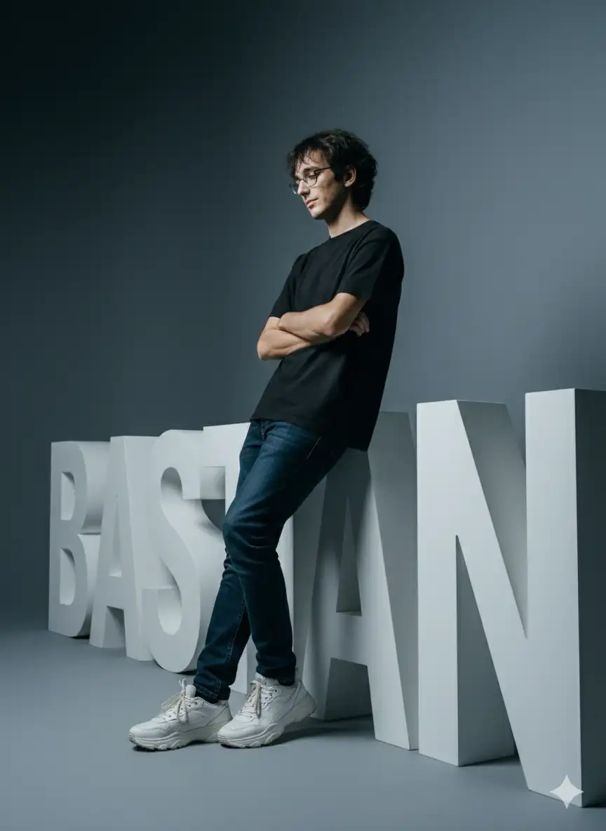 Create a photo using the attached template without changing your face, features, hair, ethnicity, or gender. I'm in a modern studio setting, leaning casually against a large, white sculptural object shaped like the word BASTIAN. My body is captured from the side, with my weight resting primarily on one leg, in a relaxed yet confident posture.
I have my arms crossed, in a natural, unconcerned posture. My head is tilted slightly downward as I cast a calm gaze out of the frame, maintaining a composed, introspective expression.
I'm wearing a loose-fitting black t-shirt made of dryfit fabric, with no logos or prints. I pair it with jeans. On my feet, I wear chunky white sneakers with visible laces and a bold sole, adding a sporty touch to the minimalist look.
The overall style is monochromatic, minimalist, and contemporary streetwear. The image is captured from a low angle, emphasizing height and presence, while the sculptural ROBSON letters in the background take on a monumental appearance. The camera's framing resembles a roughly 85mm portrait lens, producing cinematic compression and natural proportions. The lighting is controlled studio lighting, evenly highlighting my figure and casting soft, directed shadows on the sculptural letters behind me.

The background features a clean, minimalist, dark gray gradient, contrasting with the striking white typography.

The overall mood is cinematic, editorial, and modern, blending casual streetwear with bold architectural typography, in a dramatic low-angle perspective.