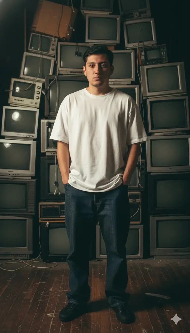MOODY URBAN PORTRAIT OF ME STANDING AGAINST STACKED VINTAGE CRT TVS AND OLD ELECTRONICS ON A WORN WOODEN FLOOR. I WEAR AN OVERSIZED WHITE T-SHIRT AND LOOSE DARK PANTS, HANDS IN POCKETS, RELAXED POSTURE. CINEMATIC TOP LIGHTING WITH DEEP SHADOWS AND RICH TEXTURE. SHOT ON 35MM, F/2.8, ISO 400, 1/125S. APPLY FUJI CLASSIC CHROME PRESET WITH WARM HIGHLIGHTS, STRONG CONTRAST, SLIGHT
DESATURATION, LIGHT FILM GRAIN, AND SOFT VIGNETTE FOR A NOSTALGIC, NON-BLUE TONE LOOK.