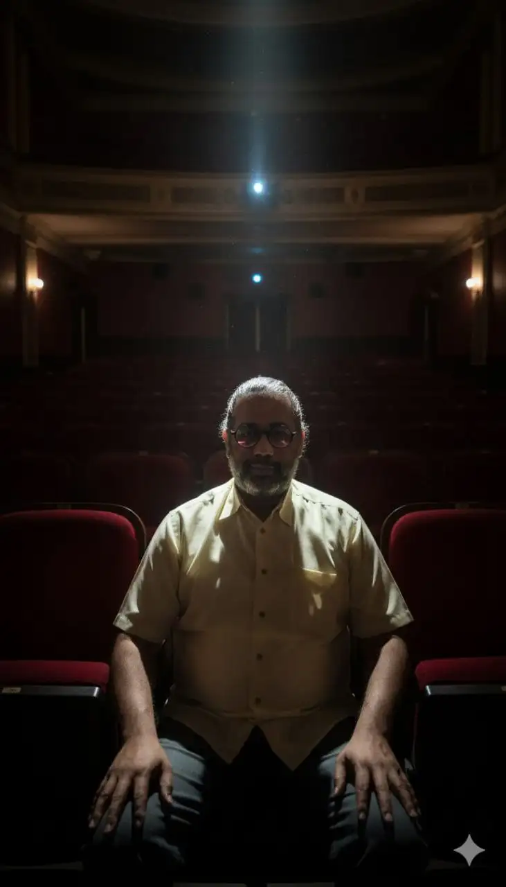 De asientos de terciopelo rojo que se extienden tras él.

Una melancólica toma interior del hombre sentado en el centro de un cine antiguo con poca luz, con las filas en sombra. Un único haz de luz del proyector atraviesa la neblina de partículas de polvo, iluminando su rostro en penumbra, dejando el resto en la oscuridad. Su postura es tranquila pero imponente, evocando la atmósfera de una película de arte y ensayo.

No cambiar ni editar mi rostro.