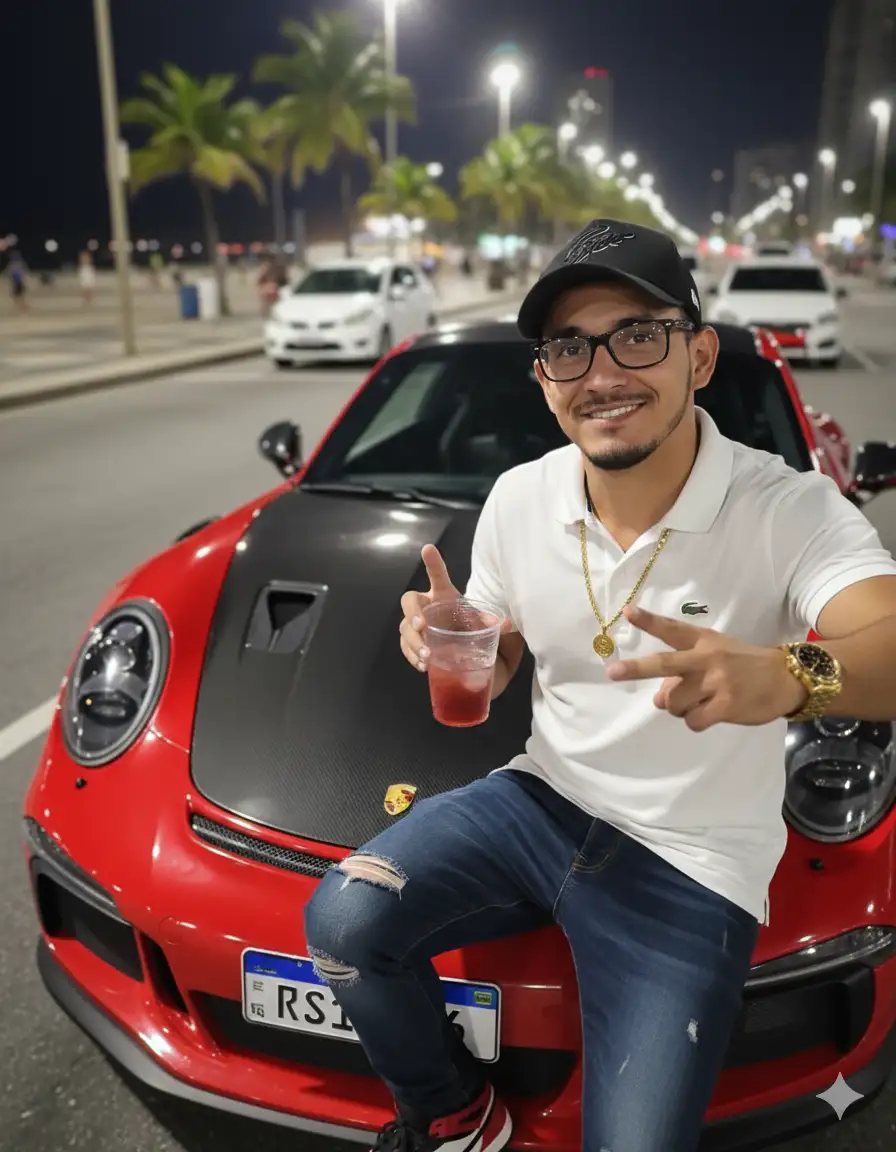 Crear un selfie nocturno ultra realista de la persona en la foto subida, conservando el 100% de sus rasgos faciales expresion,

anteojos y gorra de béisbol exactamente como en

la referencia. La selfie debería parecer

se tomó naturalmente con un smartphone +

con la cámara sostenida en la longitud del brazo

frente a él. Él está sentado casualmente en el

capucha de un Porsche rojo brillante 911 GT3 R$196

con capucha negra de fibra de carbono. Él es

vistiendo una camisa de polo Lacoste blanca, oscura

Vaqueros rasgados, una gorra de béisbol negra, y

Zapatillas Nike Jordan. Él tiene un grueso

Cadena de oro con una

Aters en el colgante, un reloj dorado en su muñeca izquierda, y sostiene una taza de plástico clara llena de una bebida roja su diestra. Con su mano izquierda, hace una señal de paz (V). La escena nocturna urbana de la Orla de Copacabana en Río de Janeiro es visibilizada en suavemente difuminada fondo, con faros, frente a la playa y coches aparcados. Iluminación debería ser realista, como faros naturales por la noche, con reflejos suaves sobre el coche, lentes y accesorios Estilo: Selfie nocturno ultra-realista, perspectiva de smartphone natural, tonos cálidos, profundidad realista del campo, texturas exactas de contraste lisas, dinámicas pero beleva composición de selfies. Prompt Negativo:

sin cámaras extras, sin equipos de cámara visibles, sin reflejos de lente, sin distorsiones, sin rostro borroso, sin deformación corporal, sin extra extremidades, sin manos duplicadas, sin partes corporales, sin artefactos, sin texto, sin marca de agua, sin fallas, sin iluminación irrealista, sin difuminación excesiva, sin piel plástica, sin antecedentes incorrectos, sin faltar accesorios, cambios en el rostro, lentes o gorra, sin diferentes Forma facial, sin ropa incorrecta, sin objetos cortados, sin efectos surrealistas, sin exageración cinematográfica, sin perspectiva sobrenatural de 196. "