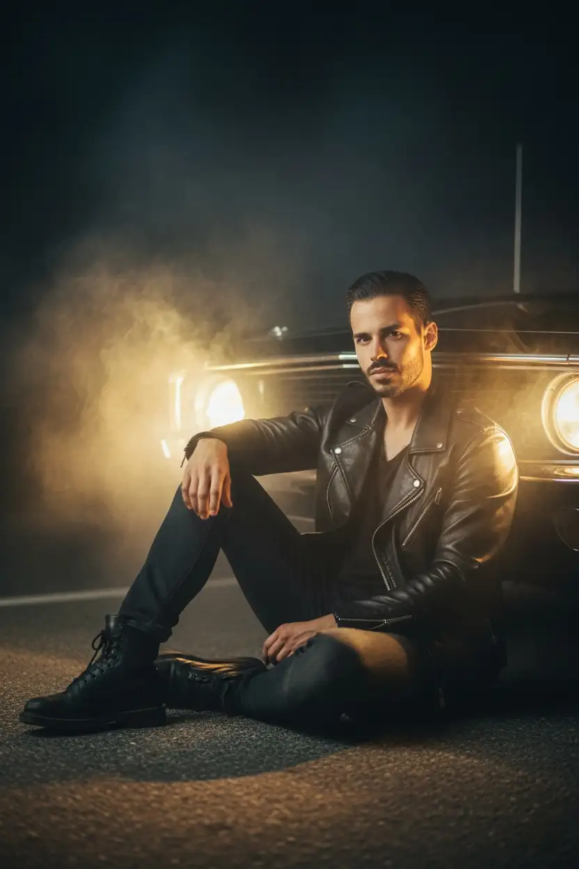 ADELANTO
Usando la imagen cargada 100% exactamente cara
Retrato cinematográfico ultra detallado de 8K de un hombre sentado junto al faro de un clásico
Coche por la noche. Los faros del coche están encendidos, emitiendo un fuerte brillo amarillo cálido directamente sobre su
Cara. El hombre está recostado contra el coche, parcialmente iluminado, rodeado de
Humo y niebla. Lleva una chaqueta de cuero negra, con una expresión tranquila e introspectiva, mirando
Lejos un poco. Su postura es relajada, claramente sentada contra el automóvil, no de pie.