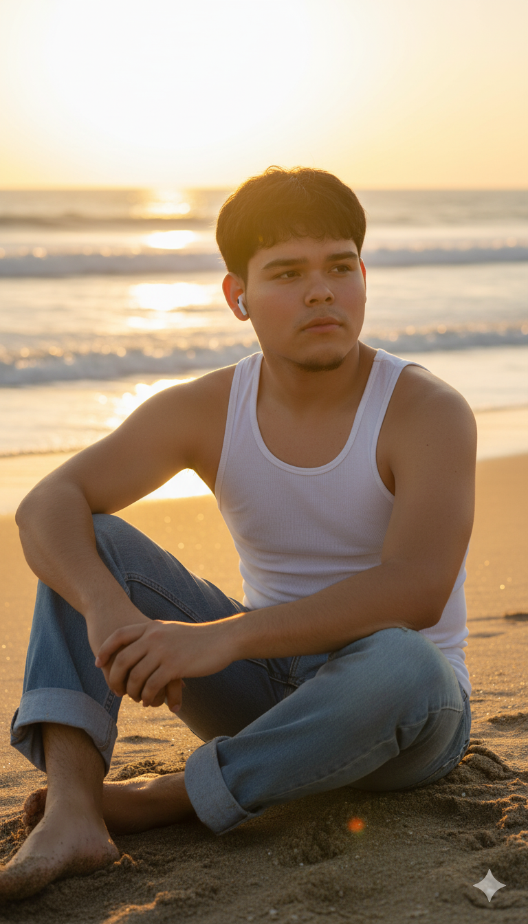 A cinematic portrait of a handsome young man sitting on the sand at the beach during golden hour. He is wearing a simple white tank top and light blue jeans, with a relaxed yet captivating pose. The ocean waves and horizon are softly blurred in the background. The atmosphere feels nostalgic and serene, with warm natural lighting highlighting his skin and hair. High-resolution photography, intimate and artistic composition, evoking vulnerability and strength at once.