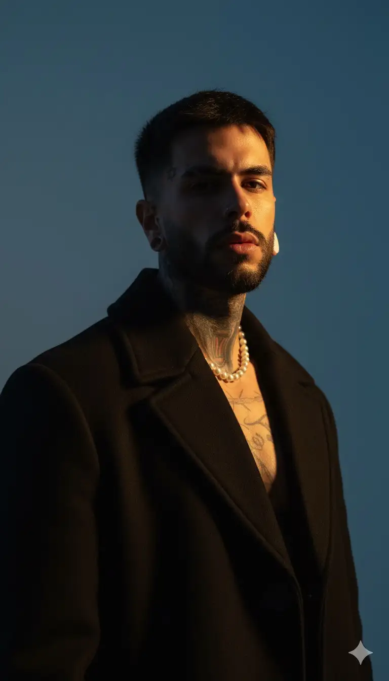 Vertical portrait shot in 1080x1920 formar,characterized by stark cinematic lighting and intense contrast. Captured with a slightly low, uoward-facing angle that dramatizes the subjects jawline and neck,the composition evokes quiet dominance and sculptural elegance.The background is muted blue, creating a bold visual clash with the model's luminous skin and dark wardrobe. Lighting is tightly directional,casting warm golden highlights on one side of the face while plunging the other into velvety shadow,emphasizing bone structure with almost architectural precision. The subjects expression is unreadable and cool-toned-eyes half-lidded,lips relaxed-suggesting detachment or quiet defiance. The model wears a heavy wool or felt overcoat,its texture richly defined against the skins smooth, dewy glow.Minimal retouching preserves skin texture and slight imperfections, adding realism . Editorial tension is created through close cropping ,tonal control and the almost oppressive intima.