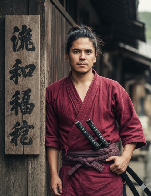 Usa los rasgos faciales de la foto adjunta.
Un retrato cinematográfico de una guerrera samurái apoyada casualmente contra una pared de madera desgastada en un entorno de pueblo japonés tradicional. Lleva una túnica de guerrera estilo kimono de color carmesí intenso, texturizada con pliegues naturales y tela desgastada, atada de forma segura con cinturones en capas alrededor de su cintura. Dos katanas están metidas en su obi, enfatizando su identidad guerrera.
Su expresión es tranquila pero intensa, exudando confianza y resiliencia silenciosas. Su cabello está peinado en un recogido ligeramente desordenado y azotado por el viento, lo que se suma al realismo robusto de la escena. El fondo presenta estructuras de madera envejecida y una gran señalización vertical con caligrafía kanji negra en negrita sobre tablas desgastadas, lo que mejora la atmósfera de autenticidad histórica.
La atmósfera general es cruda, histórica y cinematográfica, evocando temas de fuerza, tradición y resiliencia, con un estilo visual que recuerda a las epopeyas samuráis y los dramas de época.
Relación de escala:
Sujeto (guerrera): 55-60 % del encuadre, dominante y central.
Detalles del vestuario (túnica carmesí, cinturones, espadas): 25-30 %, que enfatizan la identidad del personaje.
Pared de madera + señalización (fondo): 30-35 %, contexto texturizado.
Espacio negativo (huecos, sombras, texturas de pared): 10-15 %, que fundamenta y equilibra la composición.
Ajustes de la cámara:
Cámara: DSLR de fotograma completo / Sin
espejo Lente: 50 mm principal (perspectiva natural, sujeto y entorno equilibrados)
Apertura: f/2.8 (enfoque nítido en el sujeto, fondo ligeramente suavizado para profundidad)
Velocidad de obturación: 1/200 s (mantiene detalles nítidos en luz natural)
ISO: 200 (luz diurna, mantiene la claridad y tonos de color intensos)
Balance de blancos: 5000 K (calidez neutra, realzando texturas de madera y tela carmesí)
Iluminación: Luz diurna natural difusa, sombras suaves, resaltando texturas de tela y madera.
Cuadro: Toma media, ángulo recto, sujeto ligeramente descendido para mostrar señalización y espadas.
Palabras clave de estilo:
Retrato de guerrero samurái, aldea japonesa histórica, túnica de guerrero carmesí, realismo cinematográfico, drama de época, elegancia guerrera, fuerza y resiliencia, texturas de madera, detalles de katana, fotografía editorial dramática.