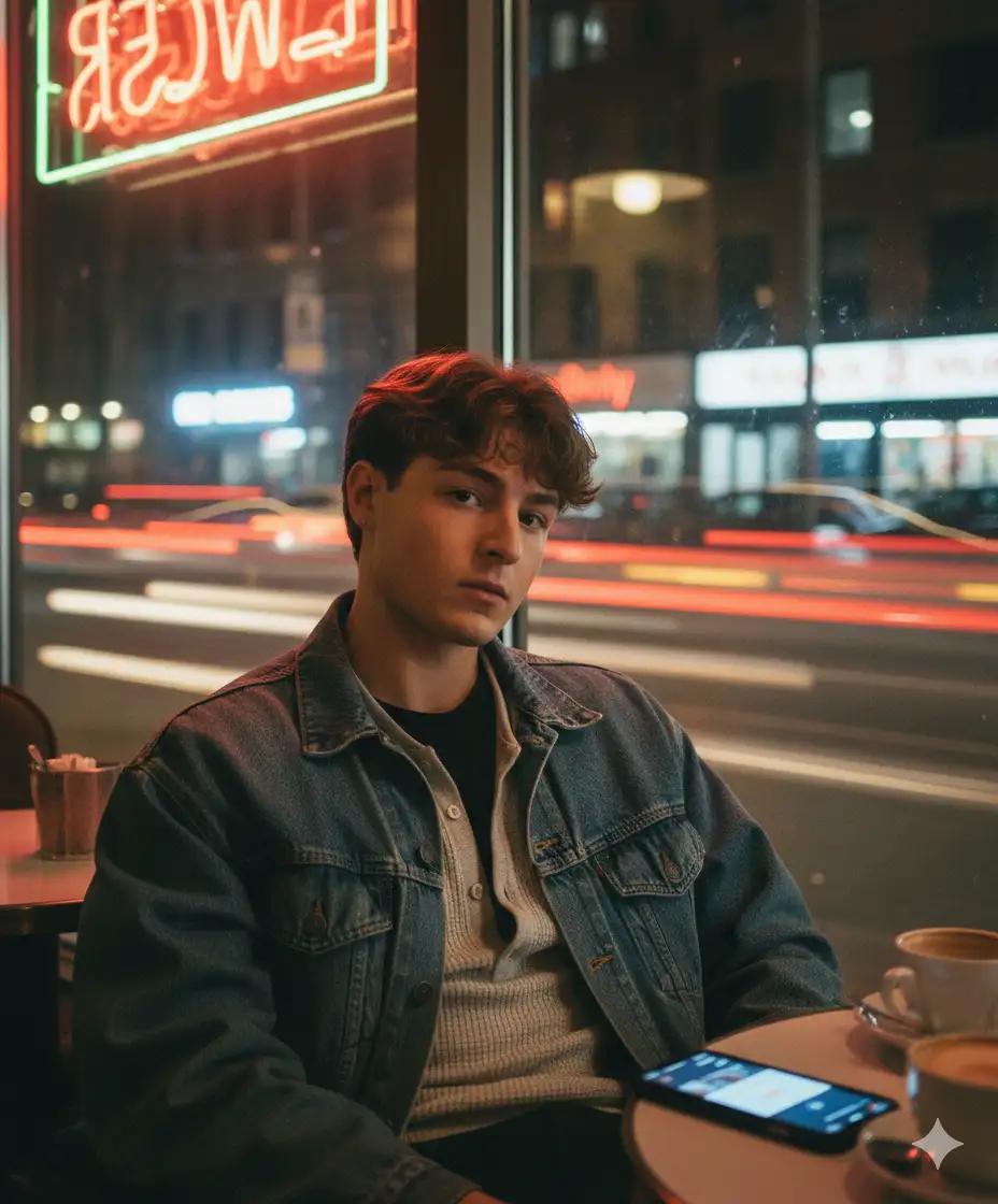 A portrait of me sitting inside a dimly lit café at night, early 2000s Y2K soft club style (layered shirt, denim, relaxed jacket). I sit near the window, and behind the glass, car lights streak past in glowing motion blur. The interior has a hazy, nostalgic glow, with soft neon reflections on the glass. The photo feels cinematic, slightly grainy like an early 00s digital snapshot. My face is clear, while the background outside is dreamy and blurred.