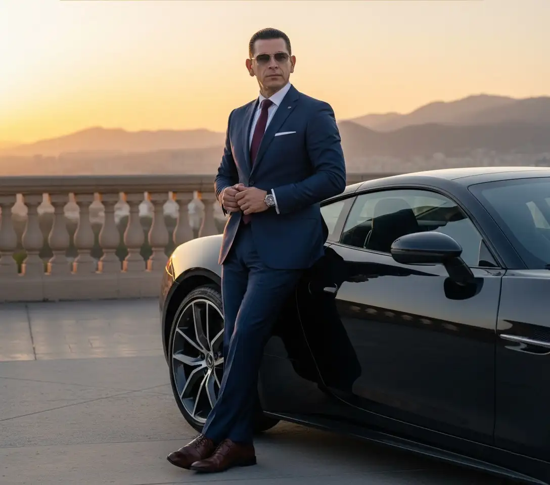 Retrato masculino realista, estilo editorial de luxo, mostrando o mesmo homem da referência principal (cabelo penteado para trás com volume natural, expressão confiante e madura) encostado em um carro esportivo preto brilhante durante o pôr do sol.

Ele veste um terno azul-marinho bem ajustado, camisa branca e gravata bordô. Usa sapatos de couro marrom e relógio elegante no pulso.

A cena se passa em um ambiente urbano sofisticado, próximo a um parapeito de pedra com vista panorâmica e montanhas ao fundo. O pôr do sol ilumina o céu com tons dourados, alaranjados e rosados, refletindo suavemente na lataria do carro.

O enquadramento é em plano médio, mostrando o homem inteiro encostado casualmente no carro, com uma perna cruzada e uma postura confiante. O foco está na harmonia entre o luxo, o bom gosto e a iluminação cinematográfica dourada.

Alta definição, textura realista da pele, tecidos e reflexos do carro. Estilo fotográfico contemporâneo, luz natural dourada, atmosfera elegante e sofisticada.

Detalhes técnicos e estéticos:

Cenário: rua ou mirante urbano durante o pôr do sol

Personagem: mesmo homem da foto original (barba, cabelo, óculos, traços maduros)

Roupa: terno azul-marinho ajustado, camisa branca, gravata bordô, sapatos de couro marrom

Acessórios: relógio elegante, óculos, lenço no bolso do paletó

Carro: esportivo preto de luxo, com acabamento polido

Iluminação: dourada e quente, luz natural do entardecer

Composição: corpo inteiro, levemente inclinado, encostado no carro

Clima/emoção: confiança, poder, sucesso e sofisticação

Estilo: editorial de moda masculina / publicidade automotiva

Parâmetros recomendados (para Nano Banana):
--style: cinematic_sunset
--lighting: golden_hour
--camera: full_body_portrait
--focus: man_and_car
--mood: confident_elegant
--quality: ultra_detail
--composition: leaning_on_car

Prompt negativo (para evitar ruídos):

blurry, cartoonish, low contrast, overly saturated, smiling widely, messy background, casual clothes, distorted car, poor reflections, unnatural skin tones, exaggerated lighting, low detail
