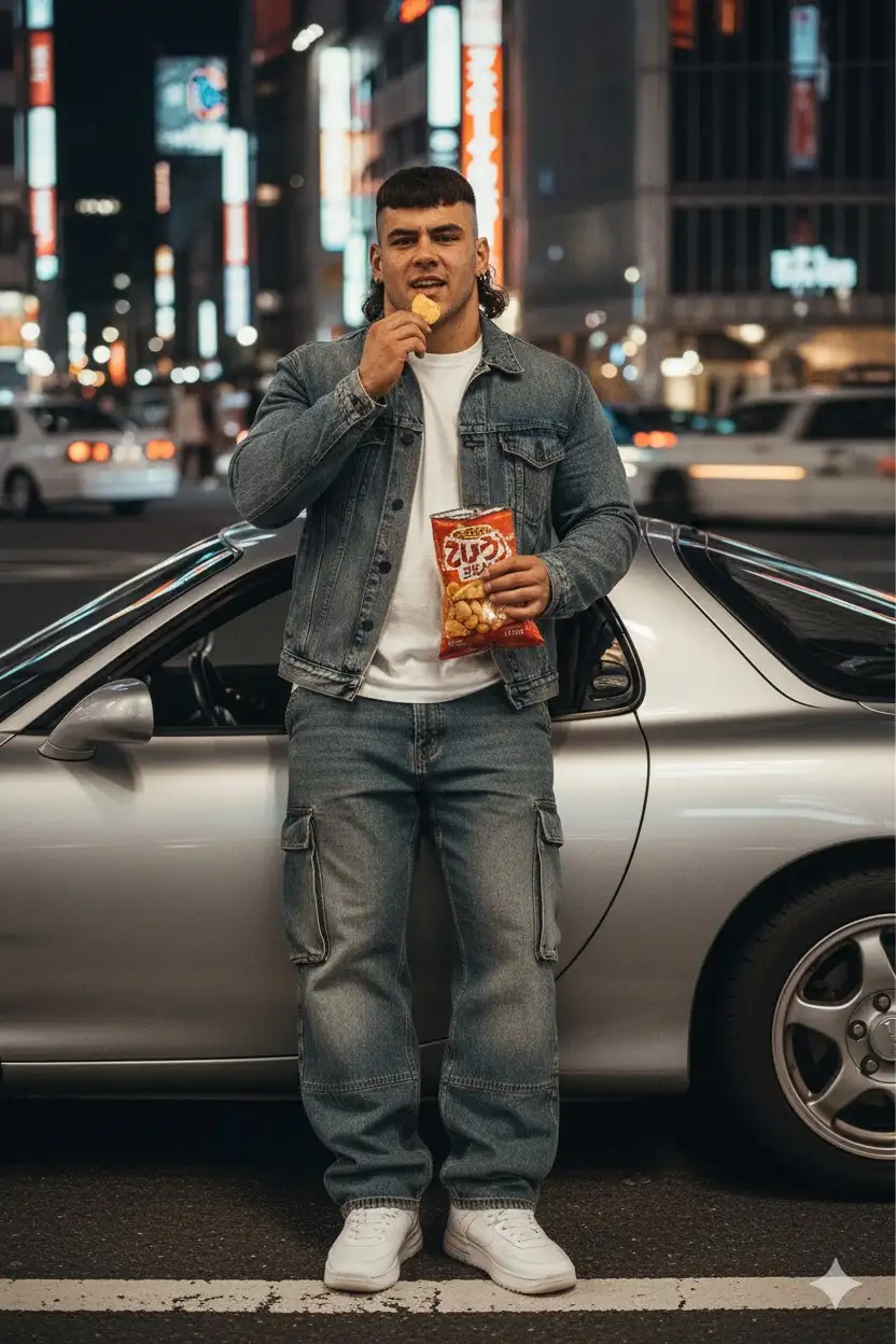 Take photograph a style analog photo around 2000.the person on the picture I upload standing next to or leaning on his Mazda r7 car, arms casually holding a snack, looking completely chill while the car sits in the background. He is wearing a denim cargo pant and denim jacket inside white t shirt. The image 4:3 portrait. the Tokyo night lights in the background. Don’t change facial features