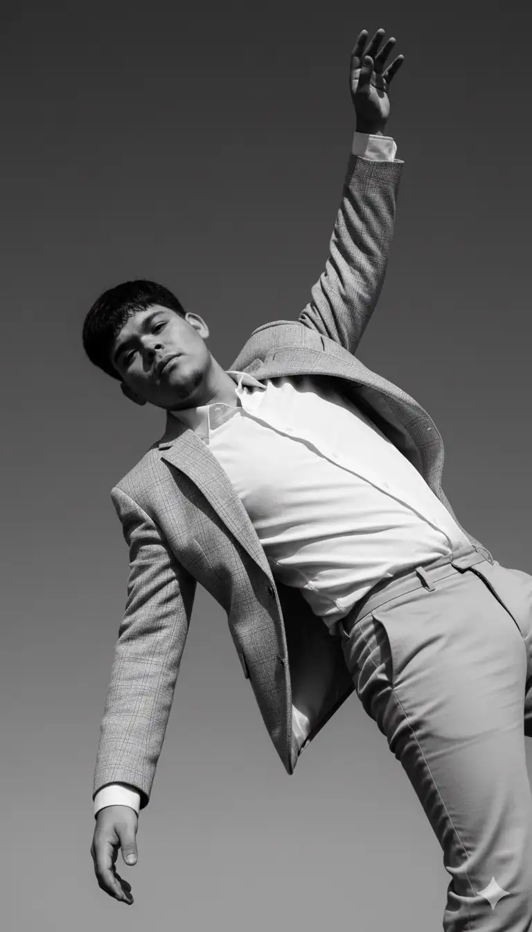 Using this image as reference, generate a high-resolution black-and-white portrait of the same person, preserving their facial features, hairstyle, skin texture, and expressive body posture with photorealistic accuracy. They are dressed in a light-colored checkered blazer (not dark), a white shirt, and light pants. The person appears to be leaning or falling backward, with one arm extended upward toward the sky-evoking a sense of surrender, elevation, or emotional release.
The image should be rotated, so that the subject appears suspended diagonally across the frame. This orientation enhances the visual tension and symbolic ambiguity of the gesture. The background is a plain gradient sky, minimal and expansive, creating a stark contrast with the subject's silhouette.
Do not remove or smooth out natural imperfections-preserve skin texture, asymmetries, and fabric creases to maintain authenticity. Use a cinematic lens (35mm or 50mm equivalent, f/2.0), high-contrast monochromatic rendering, and editorial-style post-processing. The image should feel poetic, dramatic, and timeless, with symbolic undertones and visual clarity. No text or overlays.