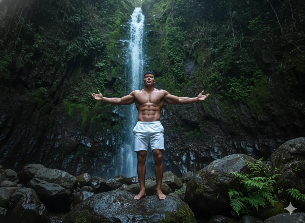 Create a vertical portrait in 1080x1920 pixels, aspect ratio, using exactly the same facial features as the image (identical to the attached reference photo, without changing the face, hair, features, imperfections, and expression lines, attached photo). An ultra-realistic, cinematic portrait in 8K. Use a full-frame camera, 85mm f/1.4 lens, ISO 100, exposure 1/1000, direct natural light, HDR in 8K Ultra Realistic.
This dramatic outdoor portrait features an athletic, light-skinned, lean white man [reference man in the photo] posing on rocks, with a tall waterfall and a damp, moss-covered cliff in the background.
Main Subject
A man/model of Colombian appearance, with a very athletic and muscular build.
He is shirtless and wearing only white shorts.
He stands barefoot on a large rock at the base of the waterfall. The man poses with his hands stretched out wide, looking at the camera, conveying an expression of pride, strength, or admiration for nature.
The landscape is dominated by a tall, narrow waterfall with a thin, trickling stream.
The cliff face behind the waterfall is covered in moss and thick, damp, dark green vegetation.
The subject is surrounded by large, dark rocks at the base of the waterfall.
There are a few ferns or small green plants in the foreground in the inner right corner, adding texture. Lighting and Ambience
The soft, diffuse lighting, typical of areas protected from direct sunlight (such as valley floors or dense forest), creates a natural contrast.
Colors are dominated by dark green, dark gray (rock), and bluish-white (waterfall).
The overall atmosphere is epic, robust, and masculine, emphasizing physical strength and a connection with nature.