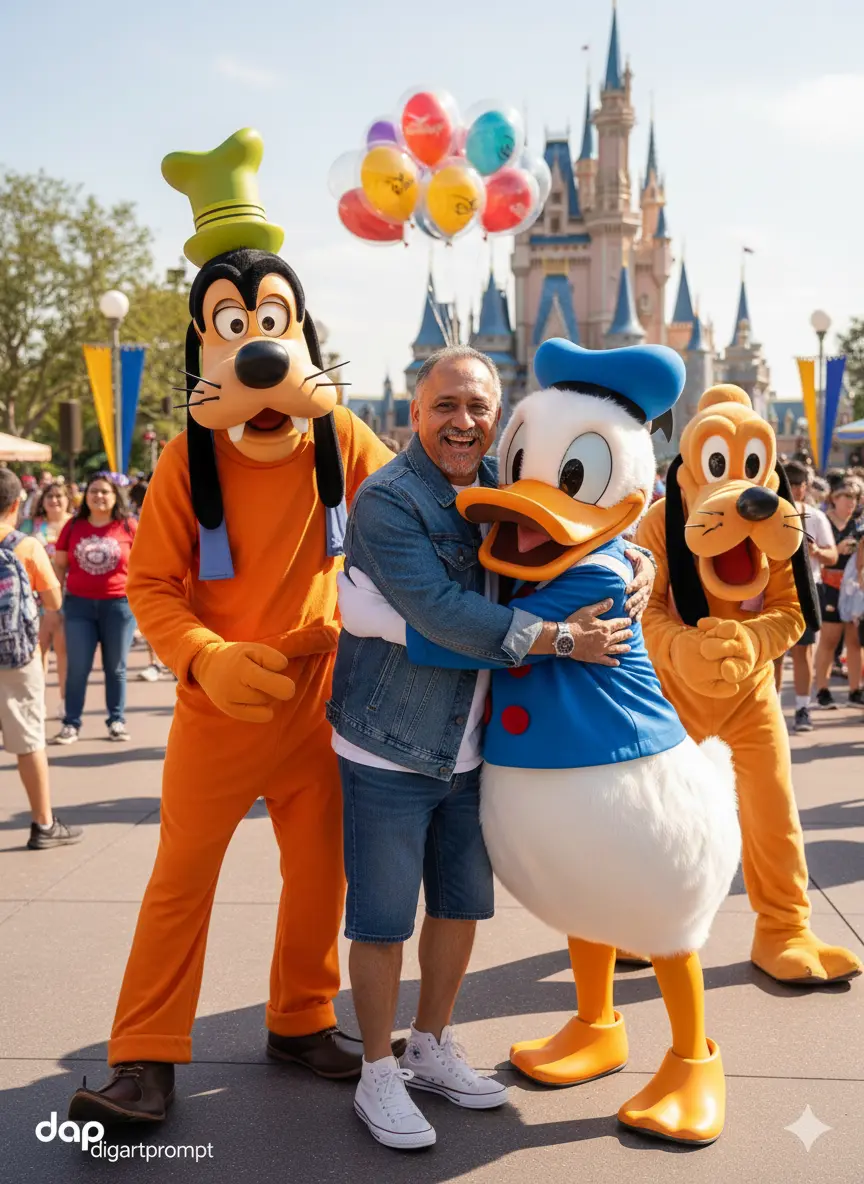 Criar imagem. Uma pessoa no parque temático da Disney em Orlando, posando de forma alegre ao lado dos personagens Pato Donald, Pateta e Pluto. Ele está abraçado com um dos personagens (o pato Donald), com expressão sorridente e espontânea, transmitindo alegria genuína e descontração. Está em um clima divertido e natural, como se estivesse curtindo o momento da foto com entusiasmo olhando para a câmera. Ele veste uma camisa branca lisa, uma jaqueta jeans azul e uma bermuda jeans da mesma cor da jaqueta, formando um conjunto casual e moderno. Nos pés, usa tênis All Star brancos de cano médio, e no pulso, um relógio prateado. Os cabelos curtos estão bem estilizados, com aparência limpa e natural. O ambiente é ensolarado e vibrante, com o cenário do parque da Disney ao fundo, incluindo balões coloridos, bandeiras e visitantes sorrindo, transmitindo toda a atmosfera mágica e divertida do local. Iluminação natural suave, tons quentes, cores vivas e realismo total. Estilo fotografia turística profissional, com foco na interação afetiva e divertida entre o homem e os personagens da Disney. Homem adulto, 1,75 altura, 90 kg , careca, com barba curta e perfeitamente aparada em tons de castanho escuro e grisalho sutil, e olhos castanhos ( com referência a imagem anexa )