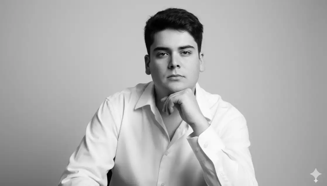 Relaciona esta foto con esta instrucción: Retrato artístico en blanco y negro de un joven, con el cabello ligeramente despeinado enmarcando su delicado rostro, piel clara y una camisa blanca extragrande. Pose: sentado con una mano apoyada suavemente bajo la barbilla, mirando a la cámara con una expresión tranquila y pensativa. Estudio con fondo gris liso, iluminación cinematográfica suave y composición minimalista. Ultra realista, detalles faciales nítidos, texturas naturales y un estilo elegante y sofisticado. Fotografía profesional en calidad 8k.