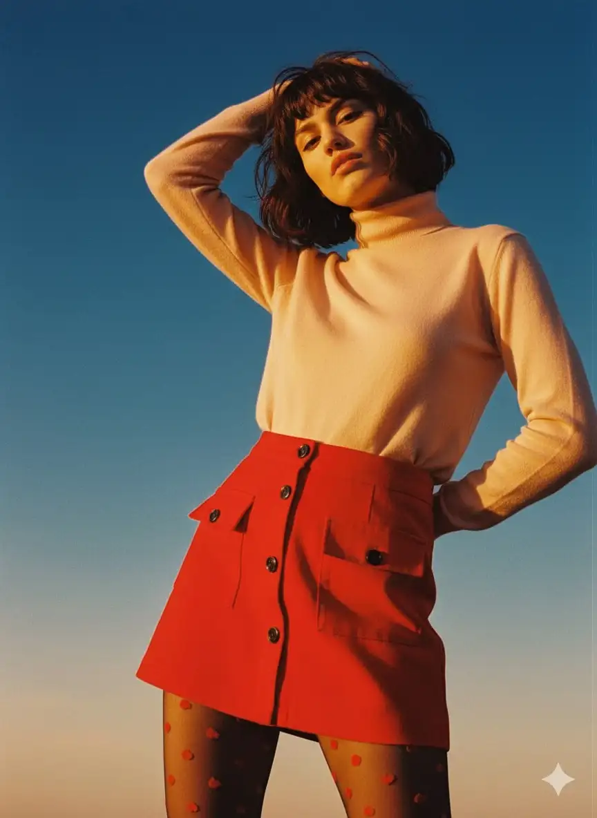 A young woman, likely in her early twenties, with dark hair and fair skin, is the central focus of the image. She is positioned slightly off-center, facing the viewer with a subtle, alluring expression. She's wearing a pale peach turtleneck sweater and a bright red miniskirt. The skirt features large pockets and dark buttons. Her legs are adorned with patterned stockings, covered in small heart-shaped designs. She is in a relaxed pose, with one hand resting atop her head, and the other slightly bent at the waist. The background transitions from a deep blue, possibly the night sky or dusk, to a softer, gradient orange-yellow closer to the horizon, possibly representing sunset. The lighting is warm and dramatic, casting long shadows and highlighting the subject’s features, giving an artistic and dreamy atmosphere. The photograph is composed from a low angle, slightly upwards, which emphasizes the woman's form and creates a feeling of intimacy.