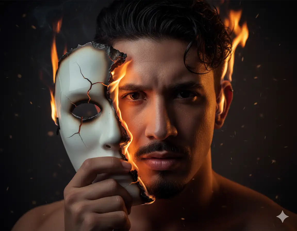 use face above uploaded photo. Hyper realistic portrait of me keep the exact details ok my face with an intense expression luminous skin in a dark setting with dramatic lightning I hold a partially burnt white mask in front of my face the mask is cracked and burning alone one edge whit brith orange fire theth other half of my face in clearly visible with wet hair and a piercing gaze A dark background with a flash floating ash cinematic styl with a mysterious and emotional atmosphere 4k.