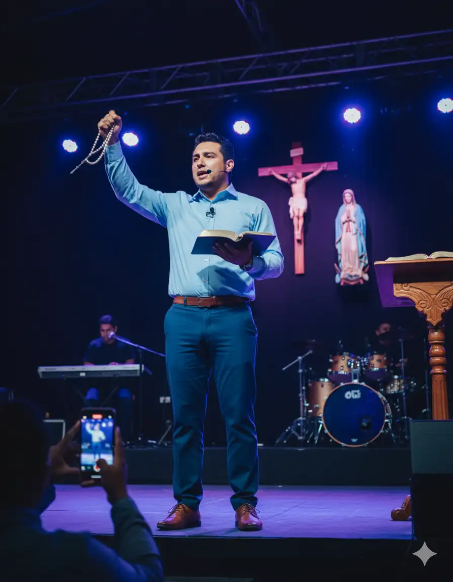 Crea una imagen estilo fotografía Hiperrealista con los siguientes detalles:

La fotografía parecerá haber sido tomada en un evento o presentación nocturna, probablemente desde la audiencia, capturando a un hombre en un escenario.

* El Sujeto Principal:
El enfoque está en un hombre de mediana edad (36 años), te añado la imágen del rostro que debes poner, debe ser la misma persona con su rostro identico, sin cambios faciales, que está de pie en el centro del escenario.

 * Vestimenta: Lleva una camisa manga larga de color celeste, que parece ser formal, con cuello y botones. La camisa refleja levemente la luz azul o púrpura del ambiente, lo que le da un tono vibrante. Viste pantalones de vestir azul marino con la camisa. faldada, cinturon café y zapatos cafes.

 * Postura y Acción: Está de pie, mirando hacia adelante (hacia el público). Su brazo derecho está levantado al cielo empuñando un rosario católico, el brazo derecho sostiene una biblia católica, tal parece que está gesticulando, lo que sugiere que está hablando o dando una predicación apasionadamente. en su camisa se alcanza apreciar que esta prensado con un clip, un micrófono Lavalier inalámbrico por el cuál él está hablando.
 
* El Escenario y la Ambientación:
El hombre se encuentra sobre un escenario elevado, con una estructura metálica oscura (parece ser parte de un truss de iluminación o soporte) visible justo por encima de su cabeza.

 * Iluminación: La escena está dominada por una luz de color púrpura o azul eléctrico que ilumina intensamente al orador y el fondo, creando un ambiente dramático y oscuro. Hay focos de luz dirigidos hacia el escenario.


 * Fondo: Detrás del hombre, cuelga un crucifijo y a un lado el bulto de la virgen María, se ve un poco desenfocado. Esto sugiere que el tema del evento es de evangelización católica.

 * Mesas y Decoración: A un lado del hombre, detrás de él, hay unas personas que parecen ser del ministerio de alabanza, se encuentran en un teclado y una bateríase ven desenfocados, Sobre un atril a su derecha (izquierda del espectador), hay un libro, resulta que es una biblia.

* La Audiencia:
En la esquina inferior izquierda, una persona de la audiencia de e varias que se encuentran, está sosteniendo un teléfono móvil para tomar una foto o grabar al orador. La pantalla del teléfono está iluminada, lo que resalta la acción de documentar el evento.

En resumen, la imagen captura un momento dinámico de una presentación o discurso en un evento formal, destacando la interacción del orador con su audiencia bajo una iluminación de escenario vibrante, párese ser que la imagen es una fotografía de hace ya algunos años por su aspecto. Ahora crea esa imagen.