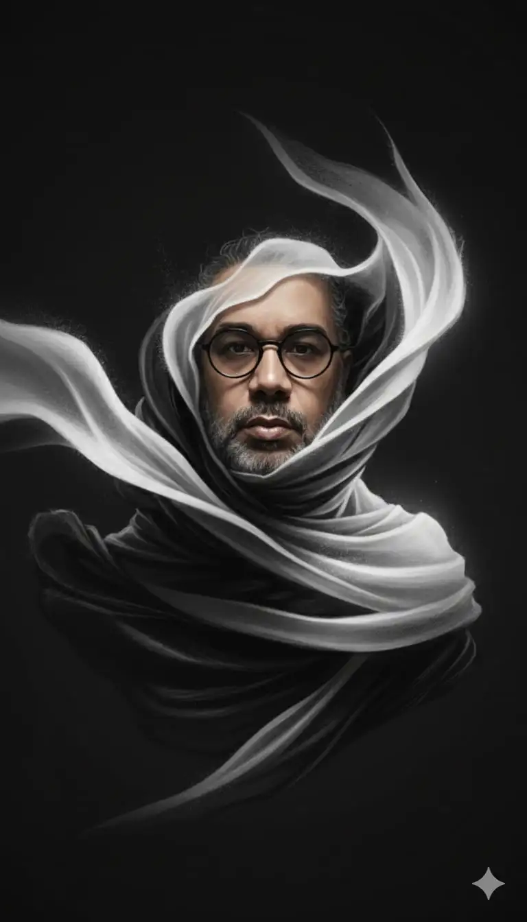 Fotografía artística, retrato abstracto y etéreo de la cabeza y el cuello de un HOMBRE (de la imagen subida), envuelto y esculpido por una TELA ANCHA fluida de color blanco y negro o material orgánico, con una suave iluminación cinematográfica y un fondo oscuro. Misterioso y delicado, 8k.