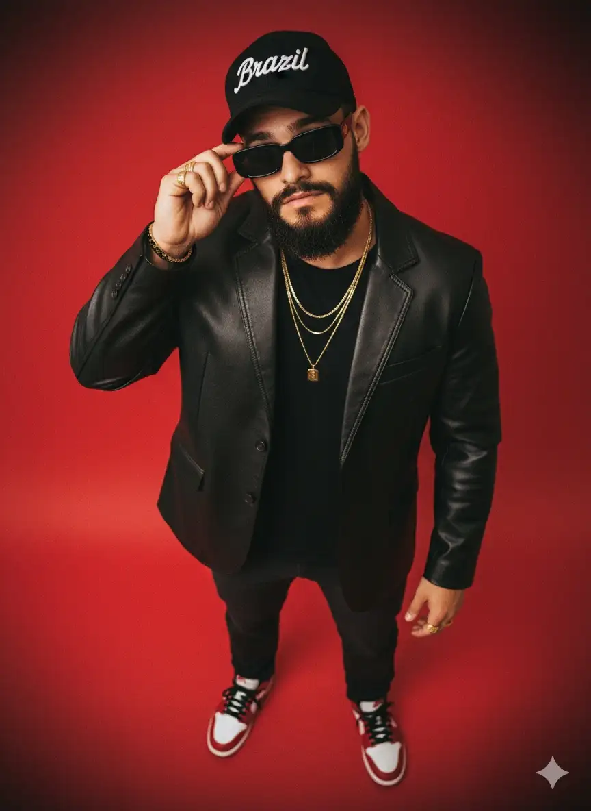 Generate a high-angle fashion portrait of a male model standing on a bold red seamless backdrop. The model wears a black leather blazer over a black t-shirt, paired with dark pants and red-and-white sneakers. He accessorizes with layered gold necklaces, rings, and black rectangular sunglasses, which he adjusts with one hand. He also wears a black cap with the text "Brazil" in a stylized font. The lighting is soft and even, with no harsh shadows, emphasizing a warm and confident mood. Style the image with a realistic 35mm film grain to evoke a vintage, analog aesthetic. Maintain a sharp focus on the model's face and upper body while allowing a slight vignette effect to enhance depth. Don’t change facial features