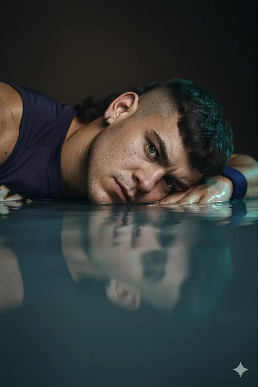 Ultra-detailed realistic photo in 18K, vertical cinematographic portrait (9:16 format, ideal for TikTok) of a young man lying on his stomach on a surface that simulates calm and bluish water. His right cheek rests gently on the plane, and the face is reflected in the water with subtle movement of undulations, creating delicate, smooth and realistic distortions in the reflection.

Face details: open eyes, with special emphasis on their natural color and intense brightness also reflected in the waves; slightly half-open lips, soft and melancholic expression. Do not change your facial features or eye color.

Camera: almost parallel to the reflection plane, tilted between 5–10° down to perfectly capture the face/aquatic reflection pair. Vertical framing 9:16, centered head, medium and close cut.

Lighting:

•	 Warm and soft key light coming from the front-left (small diffuse beauty dish) caresses the cheek and nose.

•	 A cool teal/blue light on the right adds dramatic contrast and realism in the reflection with undulations.

•	 Soft backlight above and behind separates the contour from the dark background.

Environment: dark and intimate, with soft shadows and dark gradient, transmitting a melancholic and aquatic atmosphere, while the light ripples give a poetic and lively touch to the scene.