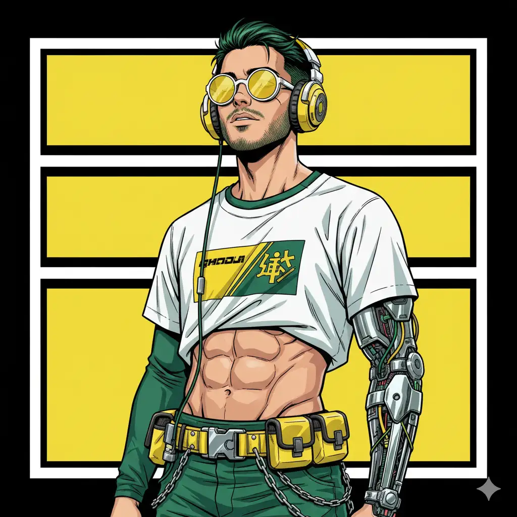 An athletic young person (use the uploaded picture as reference for the face), depicted from the waist up, with a vibrant yellow horizontal big rectangles with white border pattern background. Photorealistic. The person has short, dark green hair styled and is wearing large, round yellow sunglasses. Over their ears are a pair of prominent yellow and white headphones. The person is dressed in a loose-fitting white t-shirt with yellow and green graphic designs, revealing a bit of their midriff with abs. Underneath, the person wears long-sleeved dark-green and green-teal undershirts. Around their waist is a complex yellow and black utility belt with various attachments and chains. Their left arm features visible cybernetic enhancements with wires and metallic components. The overall aesthetic is futuristic and bold, with a strong emphasis on green, white, and contrasting accents, in a graphic novel, manga or comic book art style.