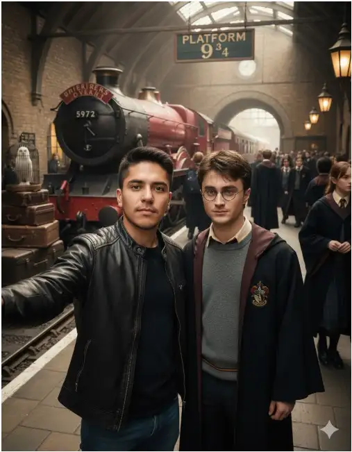 Una selfie realista en la Plataforma 9 3/4 del universo Harry Potter. El autor de la selfie es [la persona de la foto anexa], vistiendo una camiseta blanca, una chaqueta de cuero negra y jeans. Está al lado de Harry Potter. Ambos rostros son claramente visibles, con el rostro del autor de la selfie correspondiendo exactamente a la foto de referencia proporcionada. Escena detallada de Hogwarts, atmósfera mágica, iluminación natural acogedora, profundidad cinematográfica, texturas altamente realistas, estilo fotorrealista.
Modelo