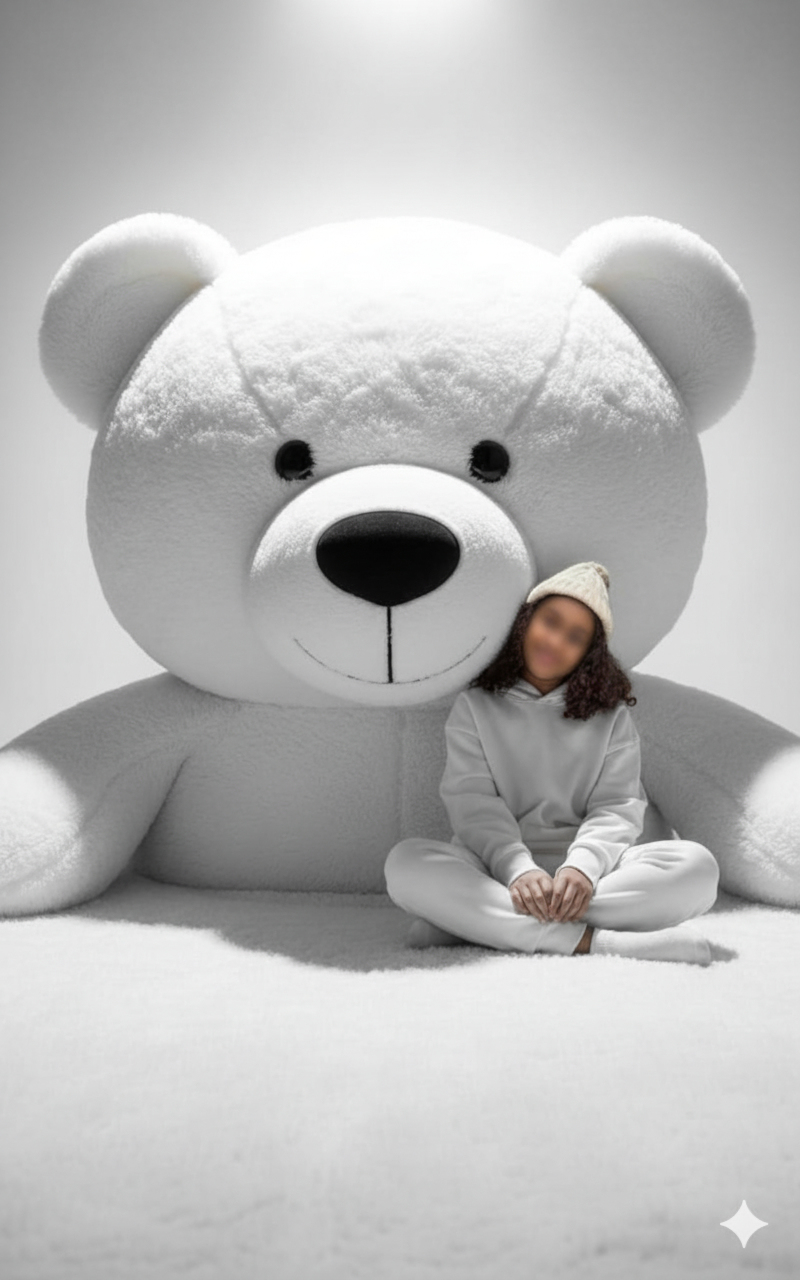 Fotografía artística surrealista de un NIÑA de 7 a 8 años, con un traje blanco, sentado junto a la cabeza gigante y esponjosa de un oso de peluche blanco. La persona lleva ropa de calle blanca. El sujeto es una pequeña y suave oso de peluche blanca, desproporcionadamente grande, que ocupa la mayor parte del encuadre. Tiene una textura suave y afelpada con costuras no tan visibles y una nariz negra. Una fuente de luz blanca brillante se coloca encima, creando un efecto de halo y proyectando sombras sutiles. Utiliza el 100% del rostro de la foto enviada sin alterar ningún detalle facial