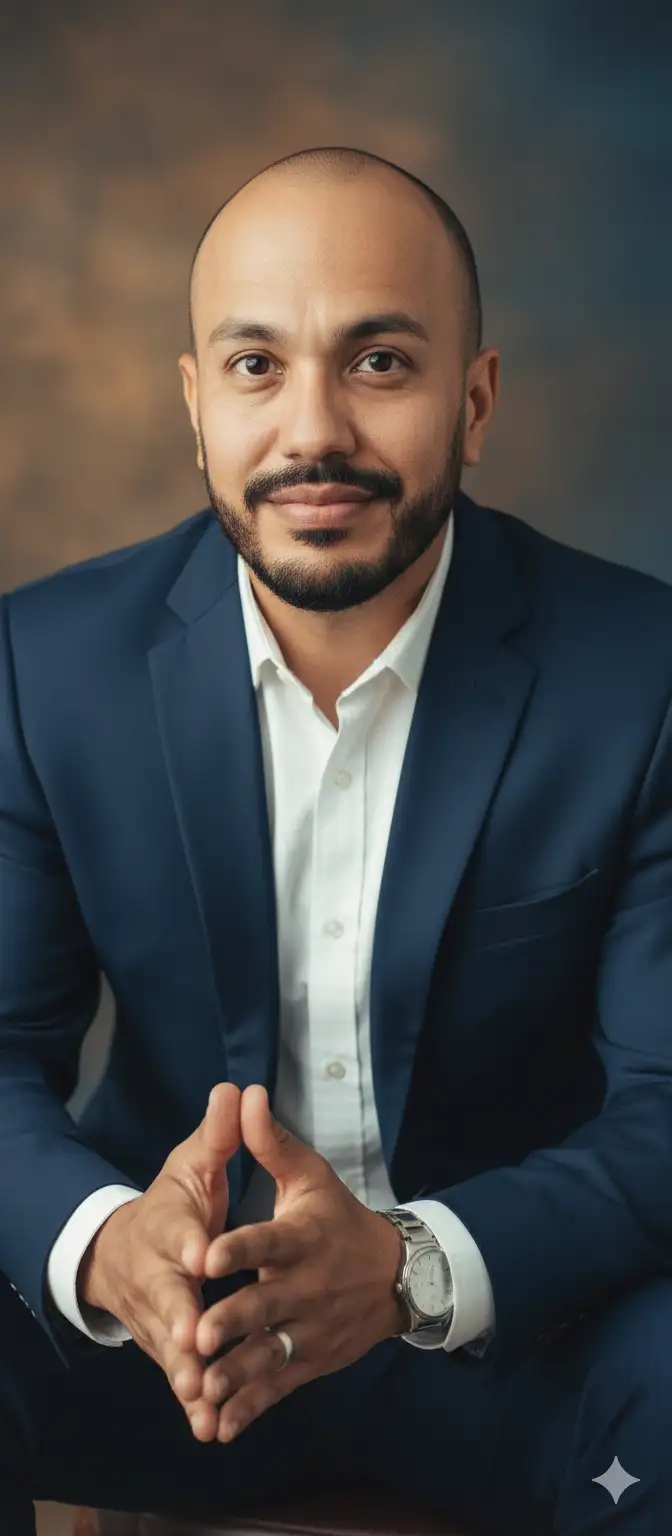 Fotoretrato masculino profesional, waist-up, hombre adulto (35–40 años), tez [moreno Latino], barba de pocos una semana, cabello corto negro de 1 cm, ojos negro, mirada directa y confiada a cámara, ligera sonrisa serena. Viste traje sastre azul marino impecable y camisa blanca sin corbata, reloj discreto y anillo en la mano derecha. Pose: sentado, cuerpo ligeramente inclinado hacia adelante, codos apoyados firmemente sobre los muslos, manos juntas al frente formando un triángulo o “steeple pose” con los dedos apuntando hacia arriba, postura erguida y relajada, mirada directa a cámara.. Composición: encuadre medio (waist-up), centrado, regla de los tercios en ojos, ligera rotación del cuerpo hacia la derecha. Estética: fotorrealista, ultra-detailed, natural skin texture, subtle stubble, sharp focus on eyes, shallow depth of field (soft bokeh), cinematic color grading, crisp fabrics, no over-retouch, realistic pores and hair strands. Post-procesado: ligera corrección de color, nitidez en ojos, grano fino de película opcional. --ar 4:5 --v high --quality 2 --resolution 3000x3750